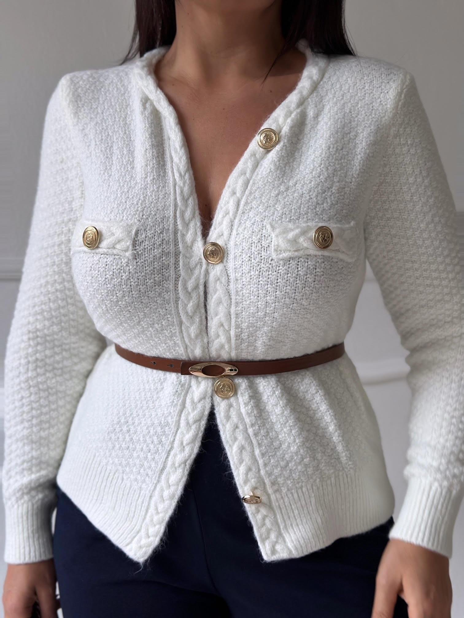 Premium Kalite Altın Düğmeli Triko Ceket Ekru