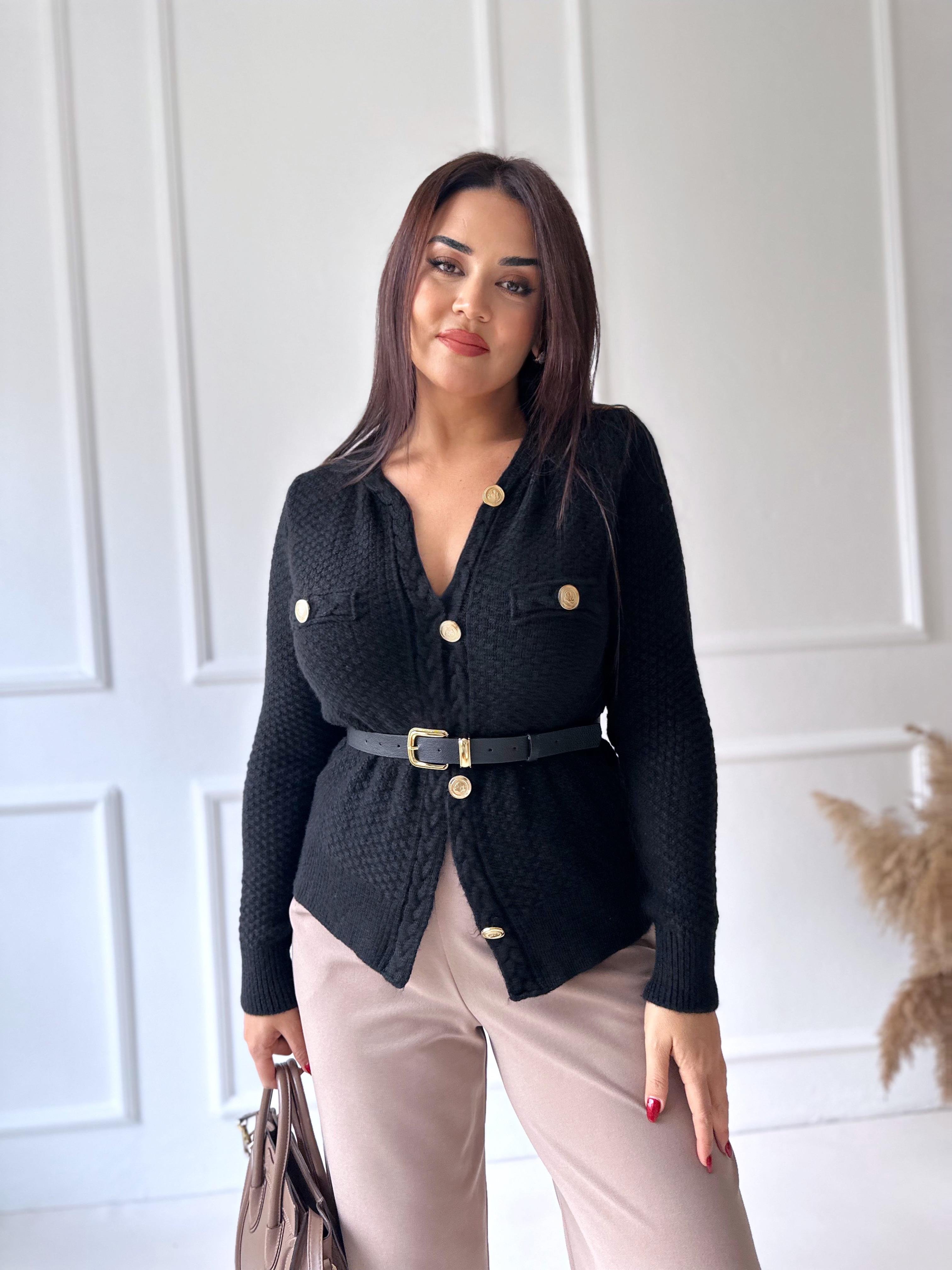 Premium Kalite Altın Düğmeli Triko Ceket Siyah