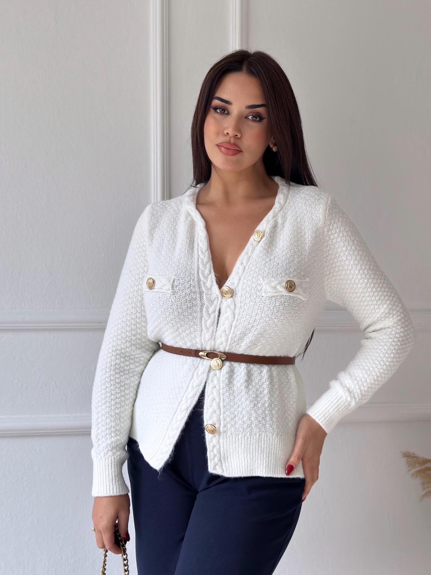 Premium Kalite Altın Düğmeli Triko Ceket Ekru