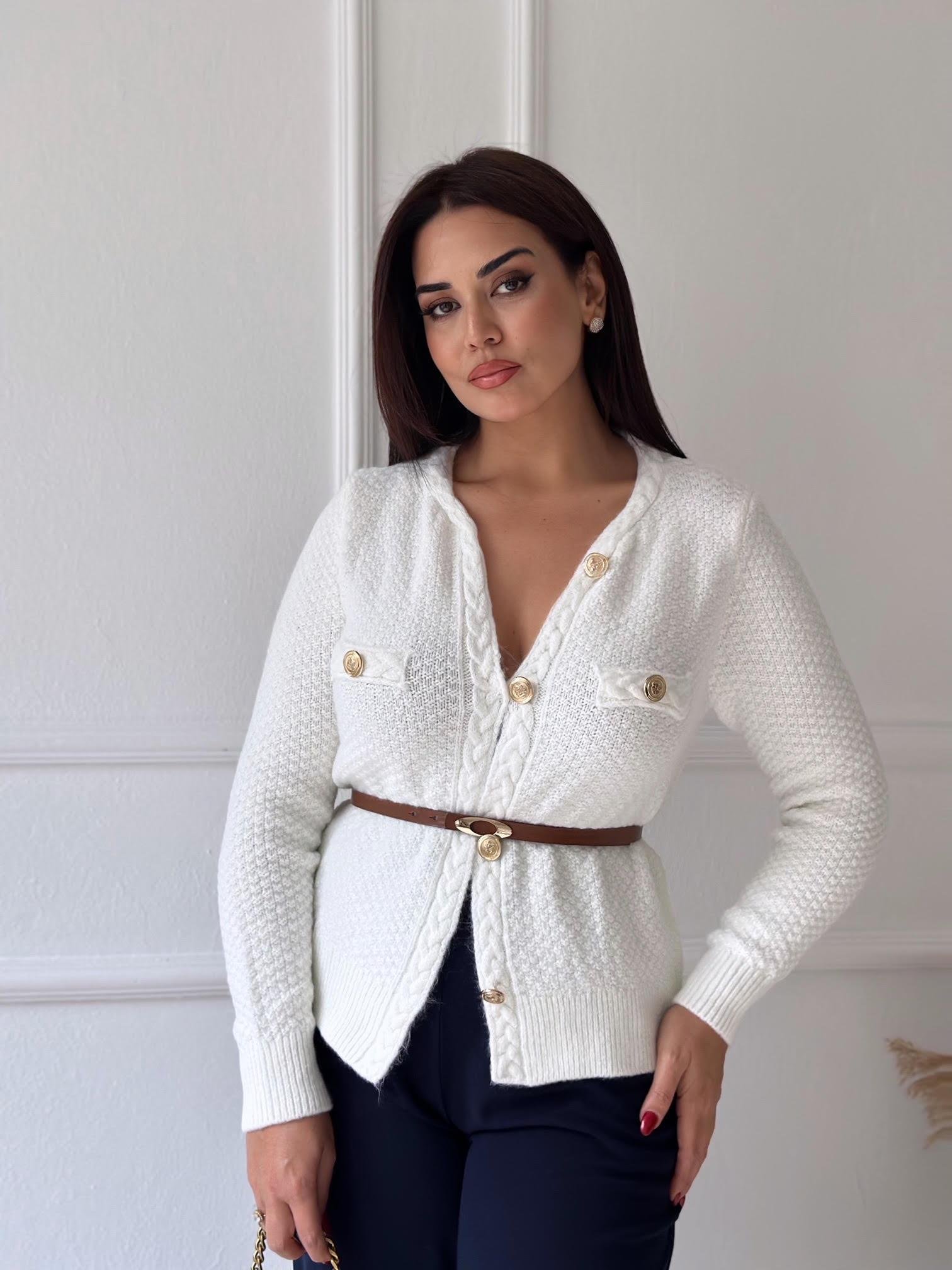Premium Kalite Altın Düğmeli Triko Ceket Ekru