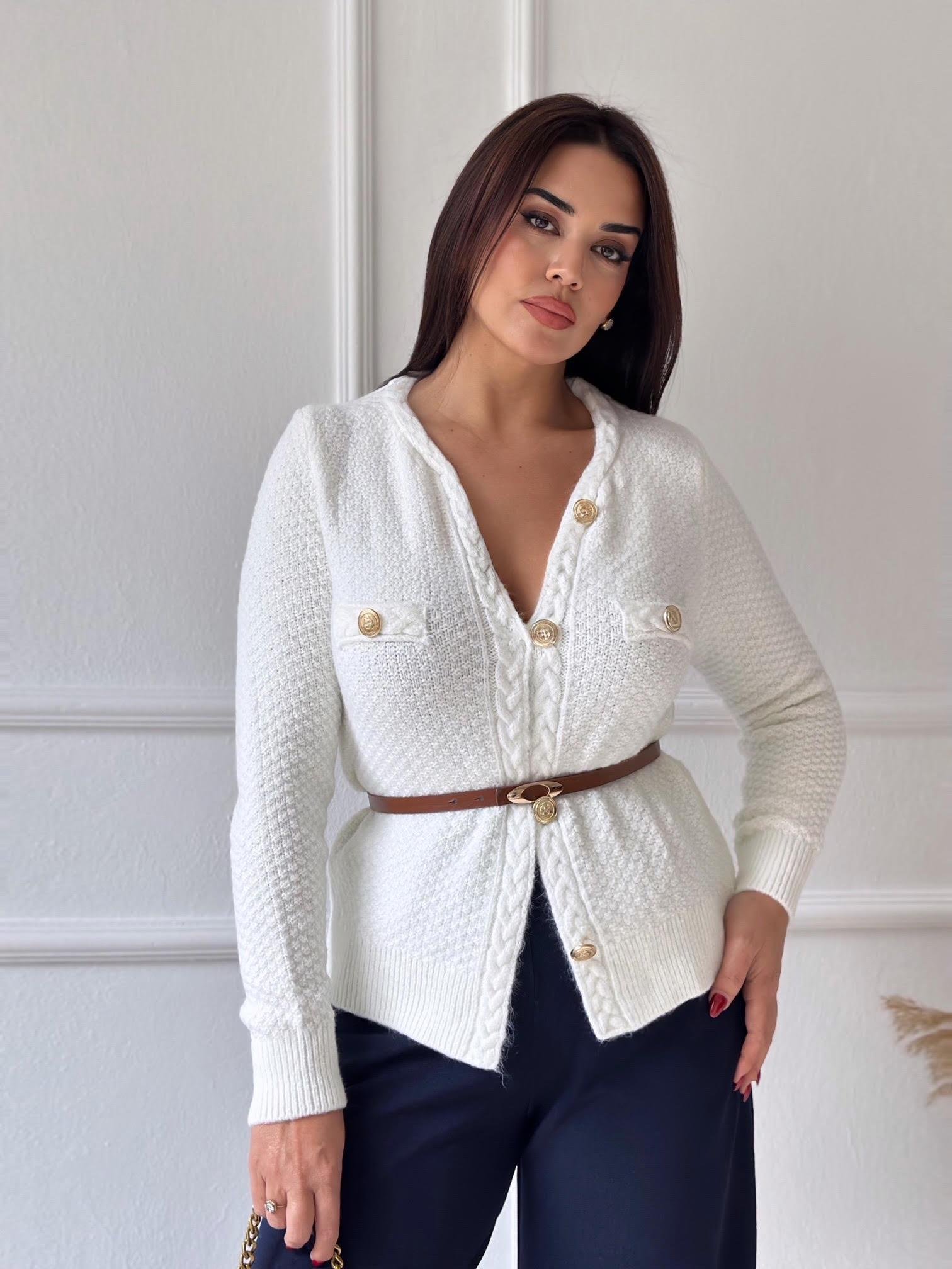 Premium Kalite Altın Düğmeli Triko Ceket Ekru