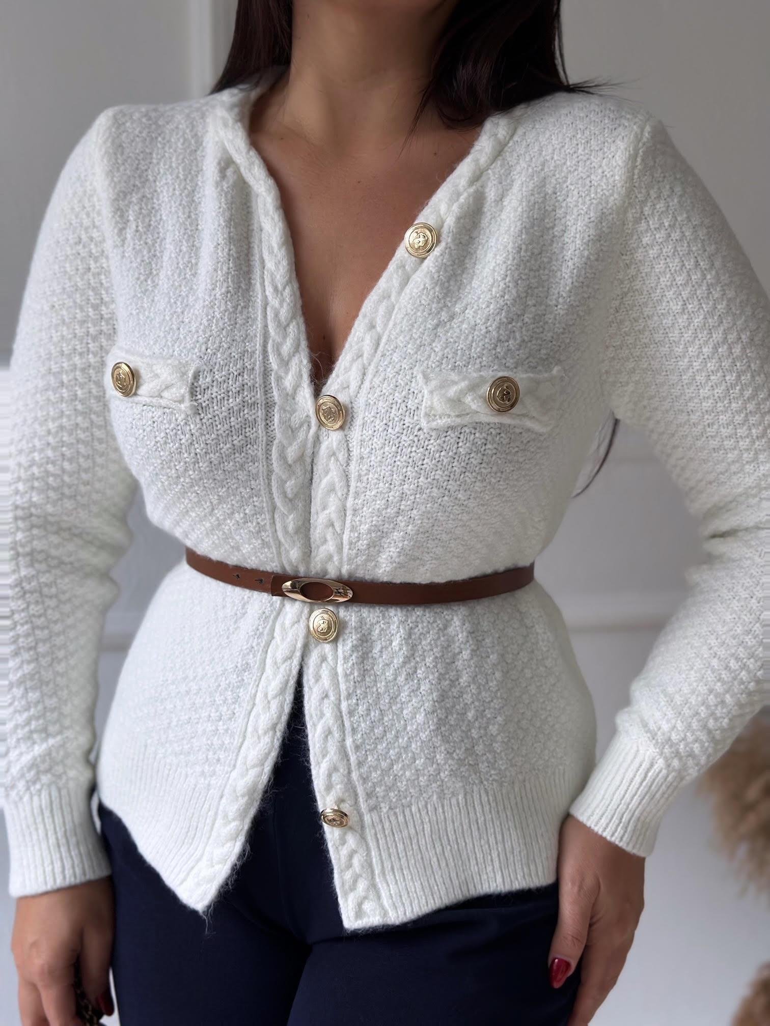 Premium Kalite Altın Düğmeli Triko Ceket Ekru