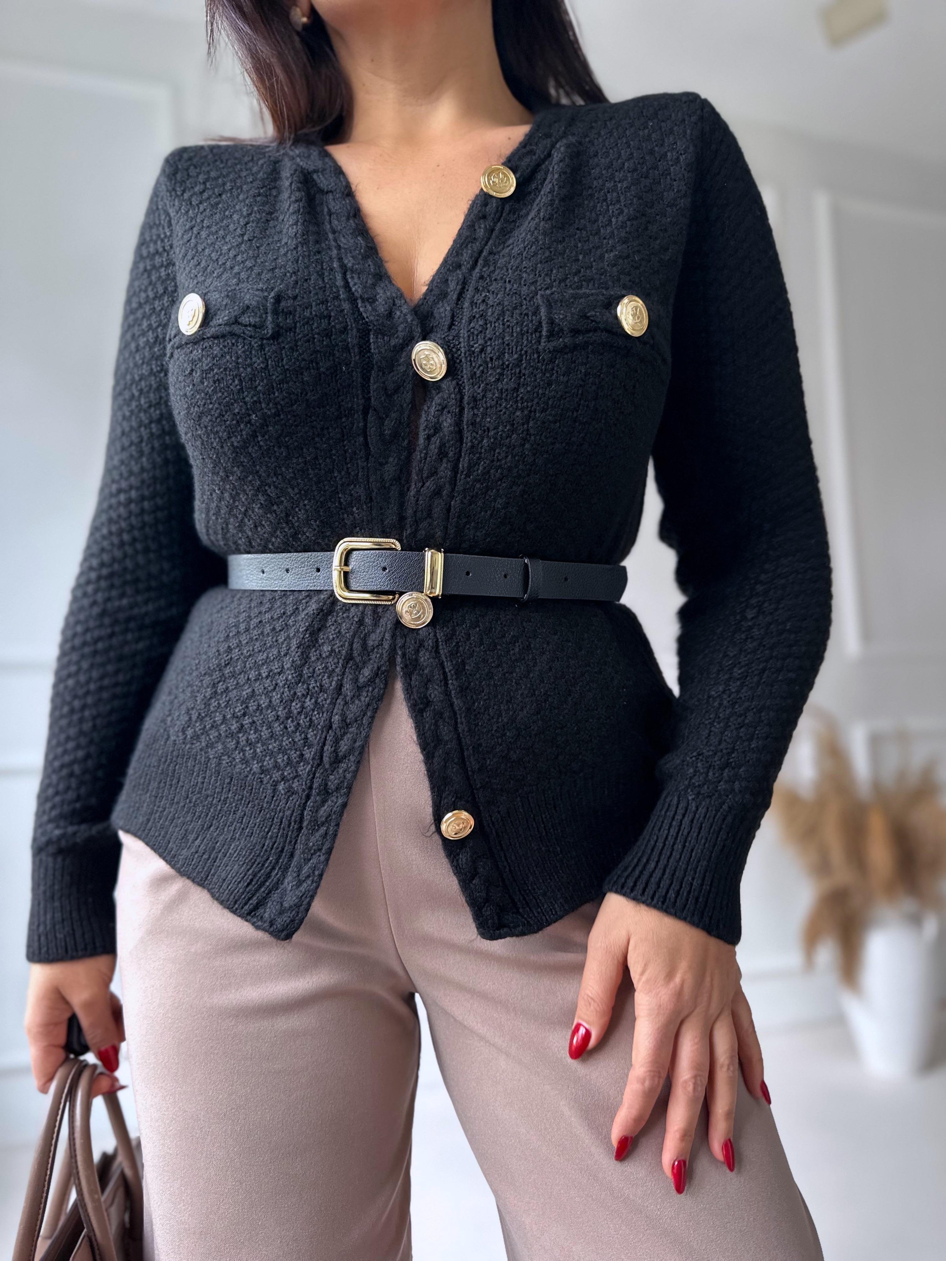 Premium Kalite Altın Düğmeli Triko Ceket Siyah