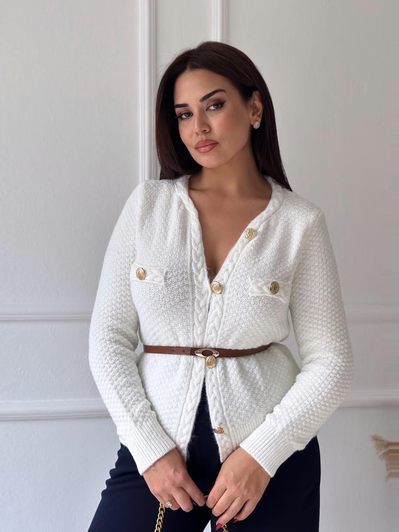 Premium Kalite Altın Düğmeli Triko Ceket Ekru