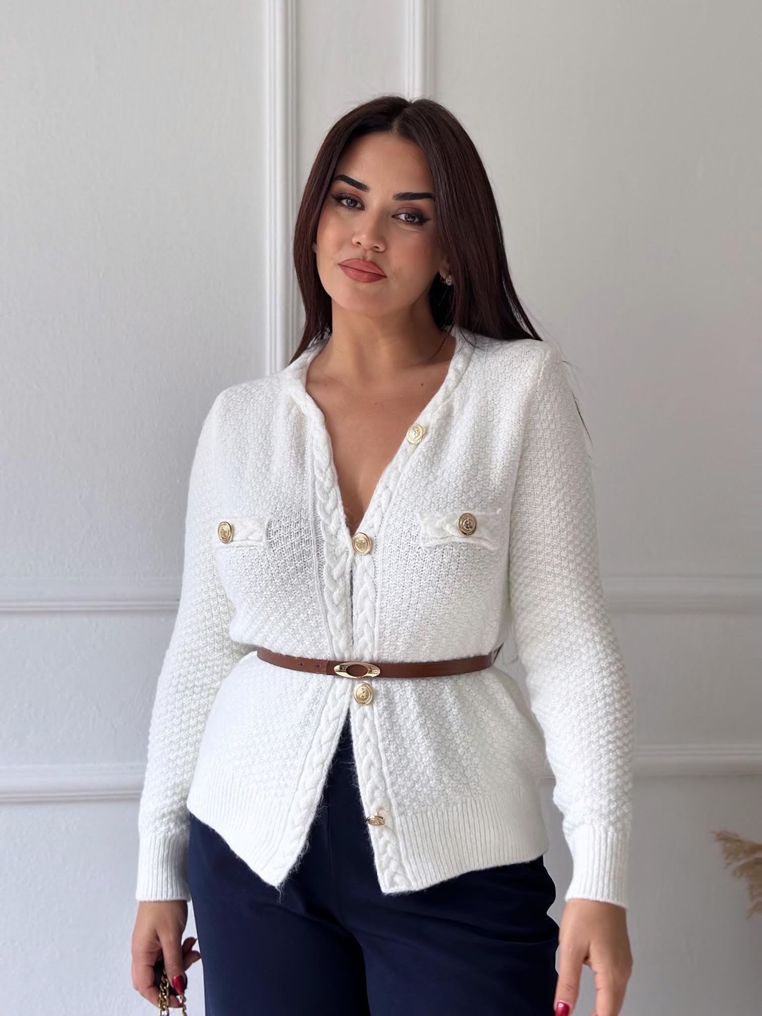 Premium Kalite Altın Düğmeli Triko Ceket Ekru