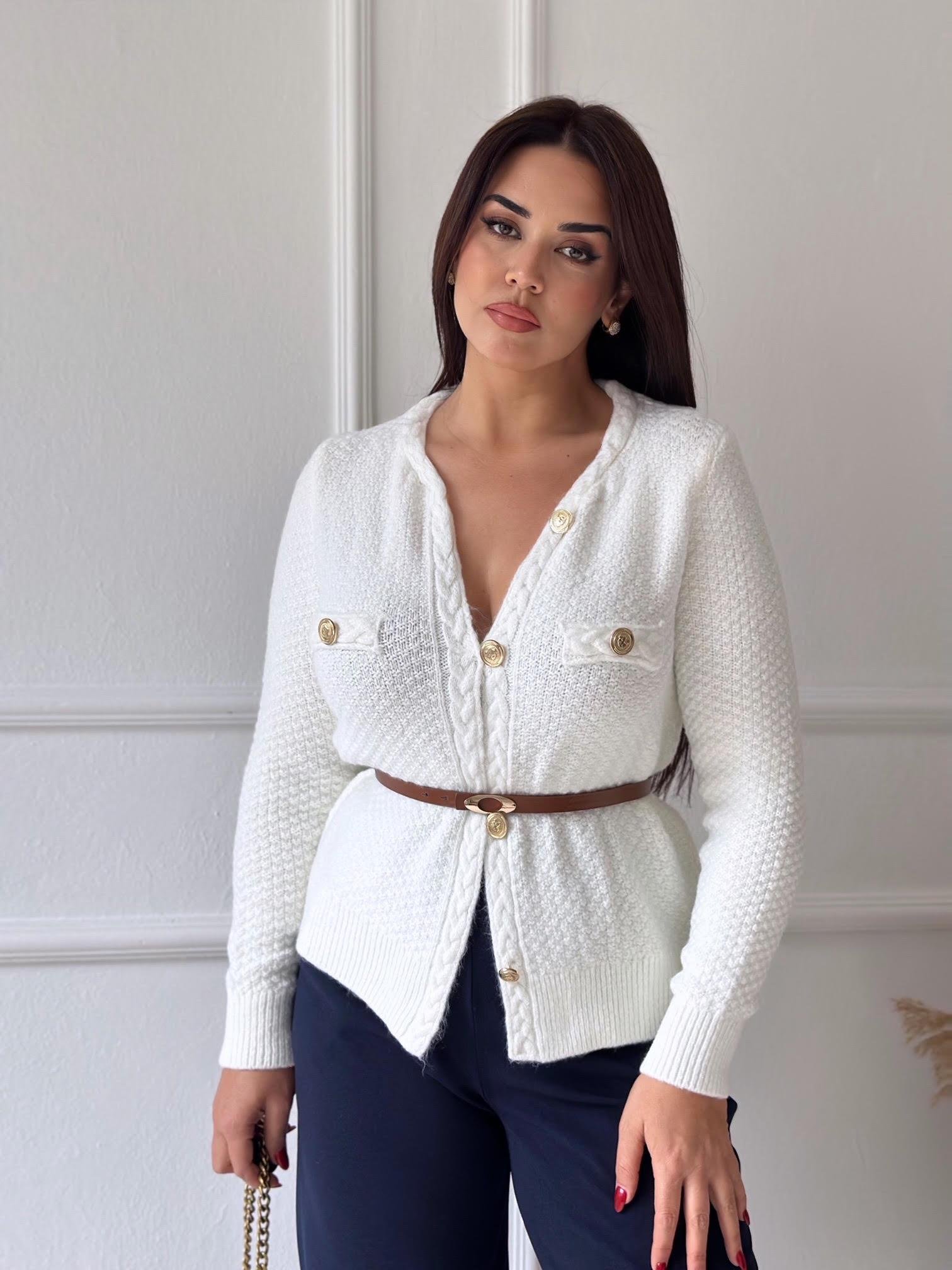Premium Kalite Altın Düğmeli Triko Ceket Ekru