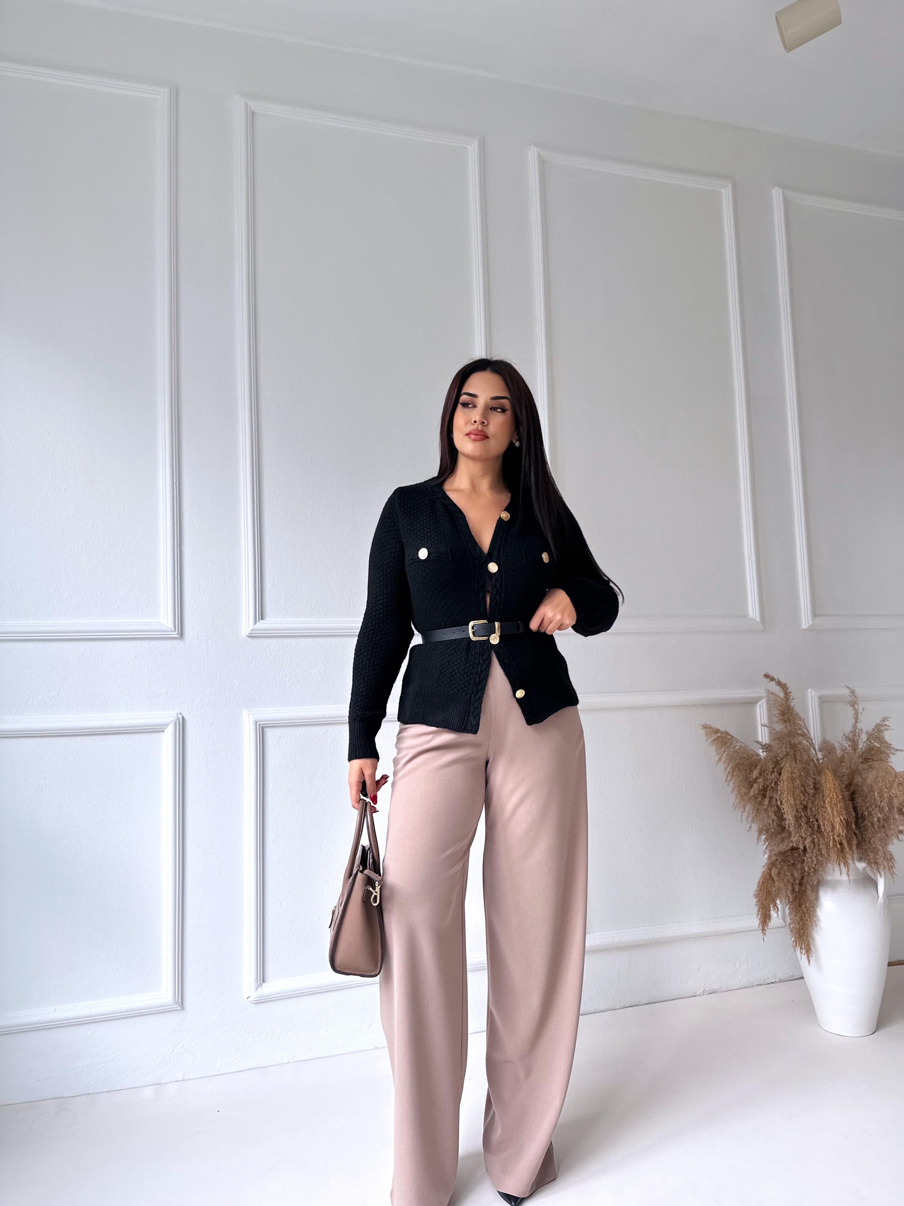 Premium Kalite Altın Düğmeli Triko Ceket Siyah