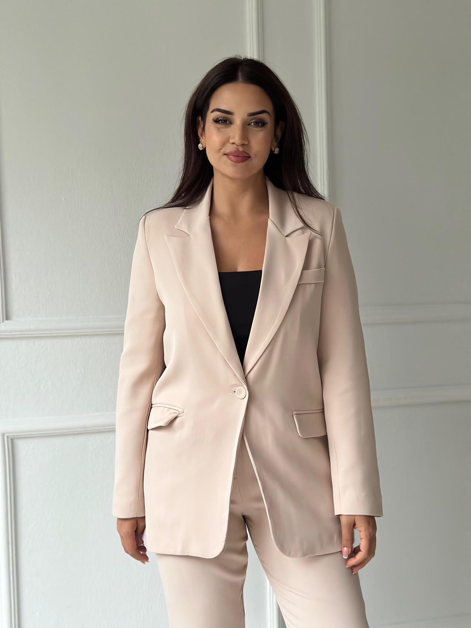 Premium Kalite Bej Tek Düğmeli Blazer Ceket 