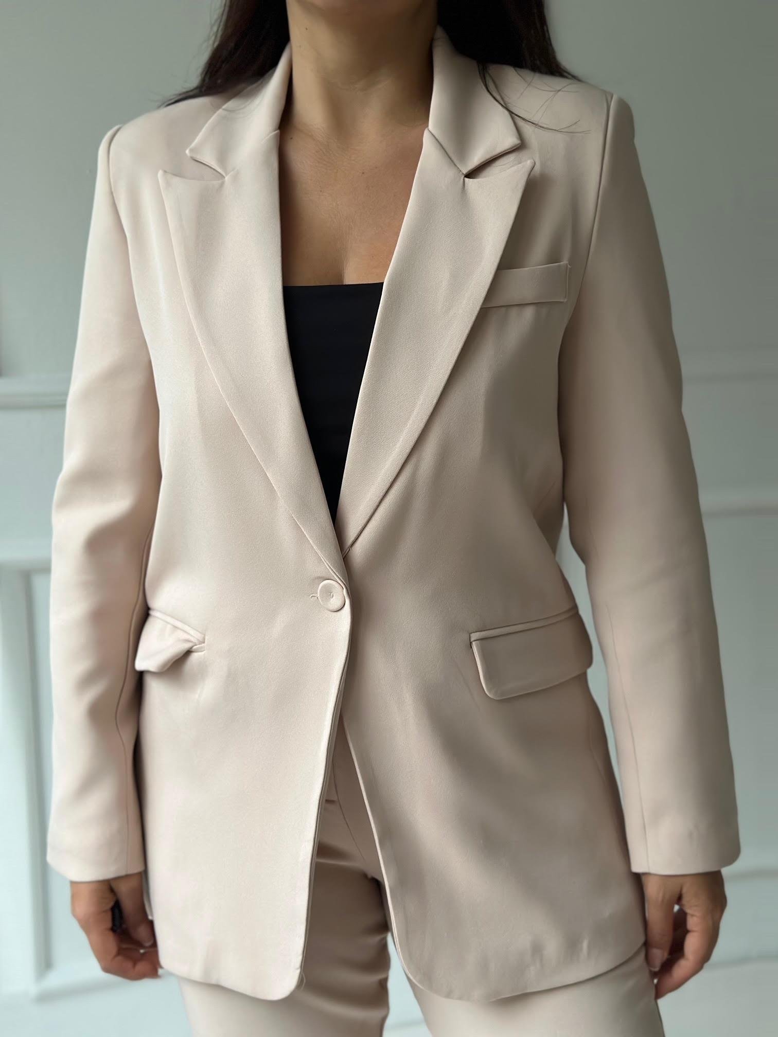 Premium Kalite Bej Tek Düğmeli Blazer Ceket 