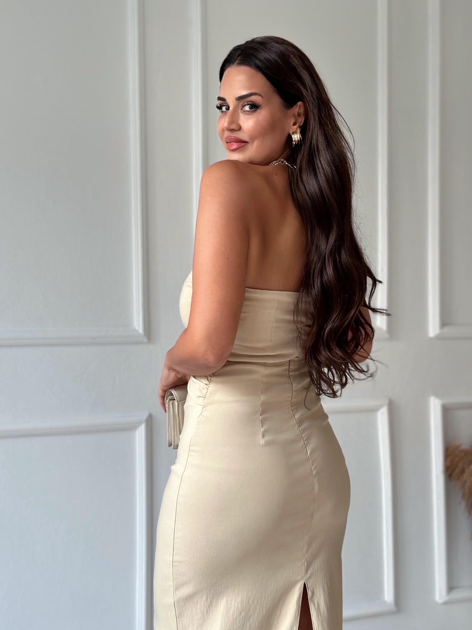 Premium Kalite Bel Dekolteli Bej Straplez Elbise