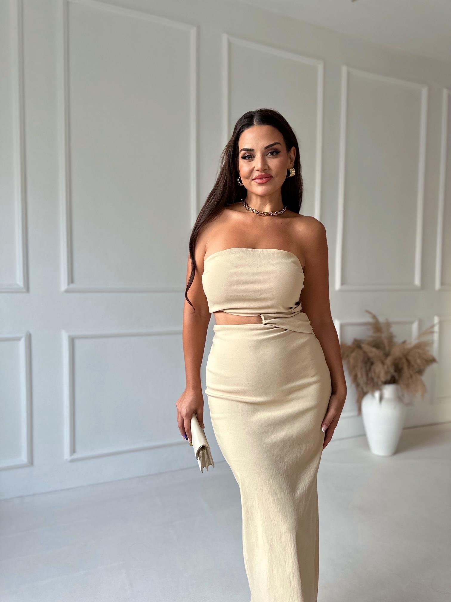 Premium Kalite Bel Dekolteli Bej Straplez Elbise