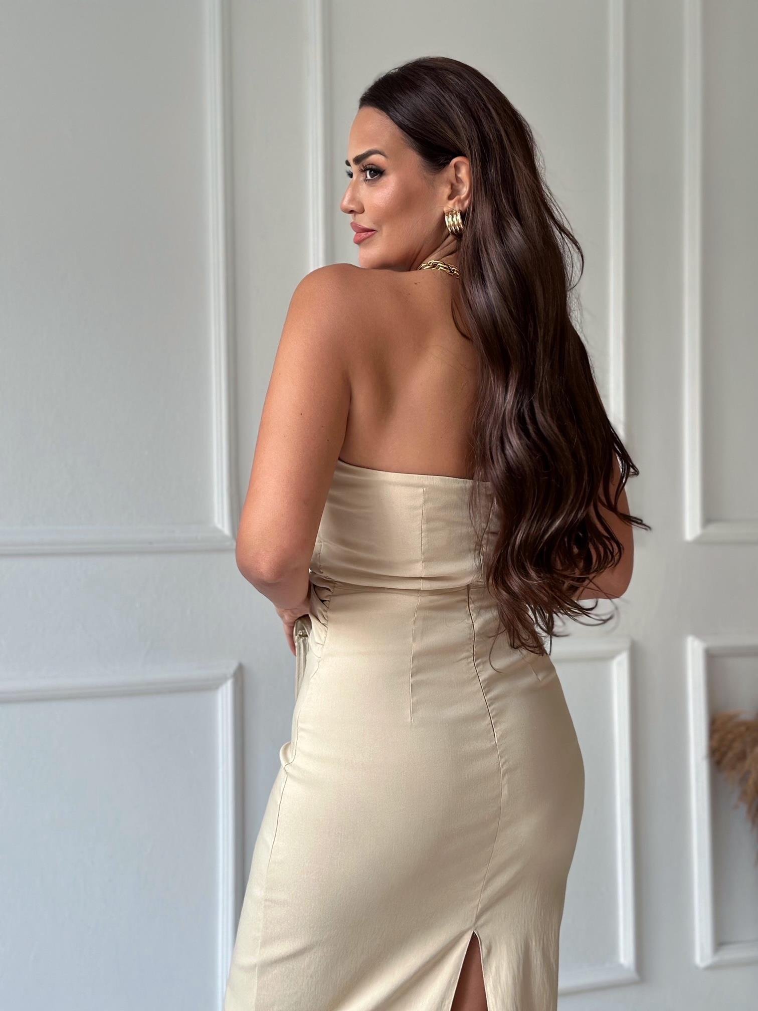 Premium Kalite Bel Dekolteli Bej Straplez Elbise