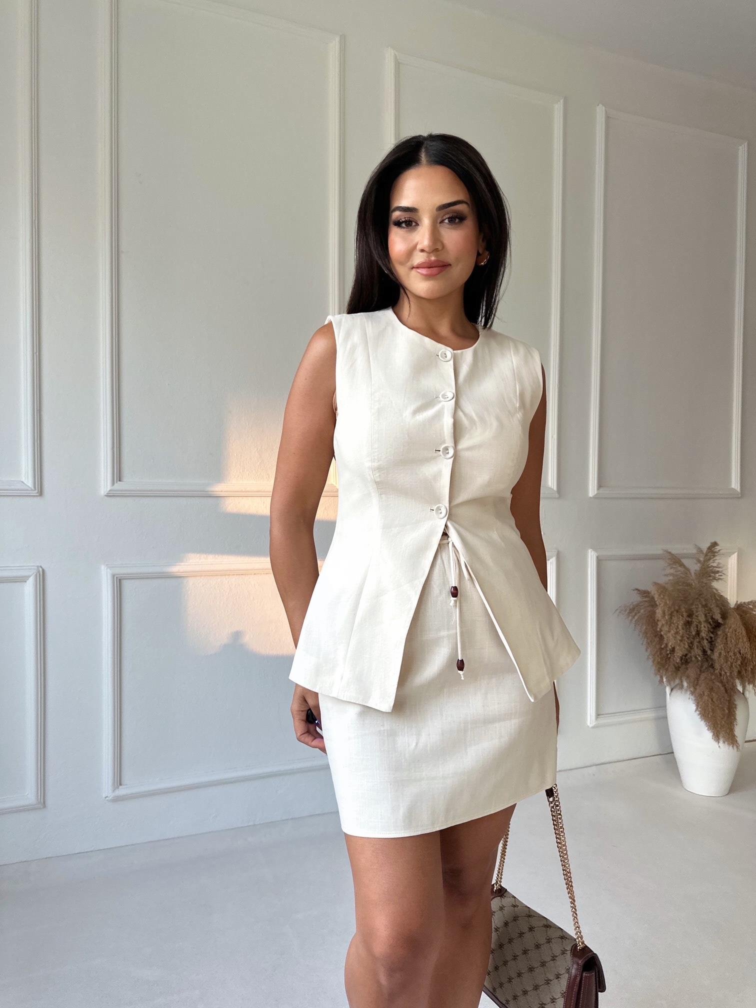 Premium Kalite Beli Bağlamalı Bej Keten Etek