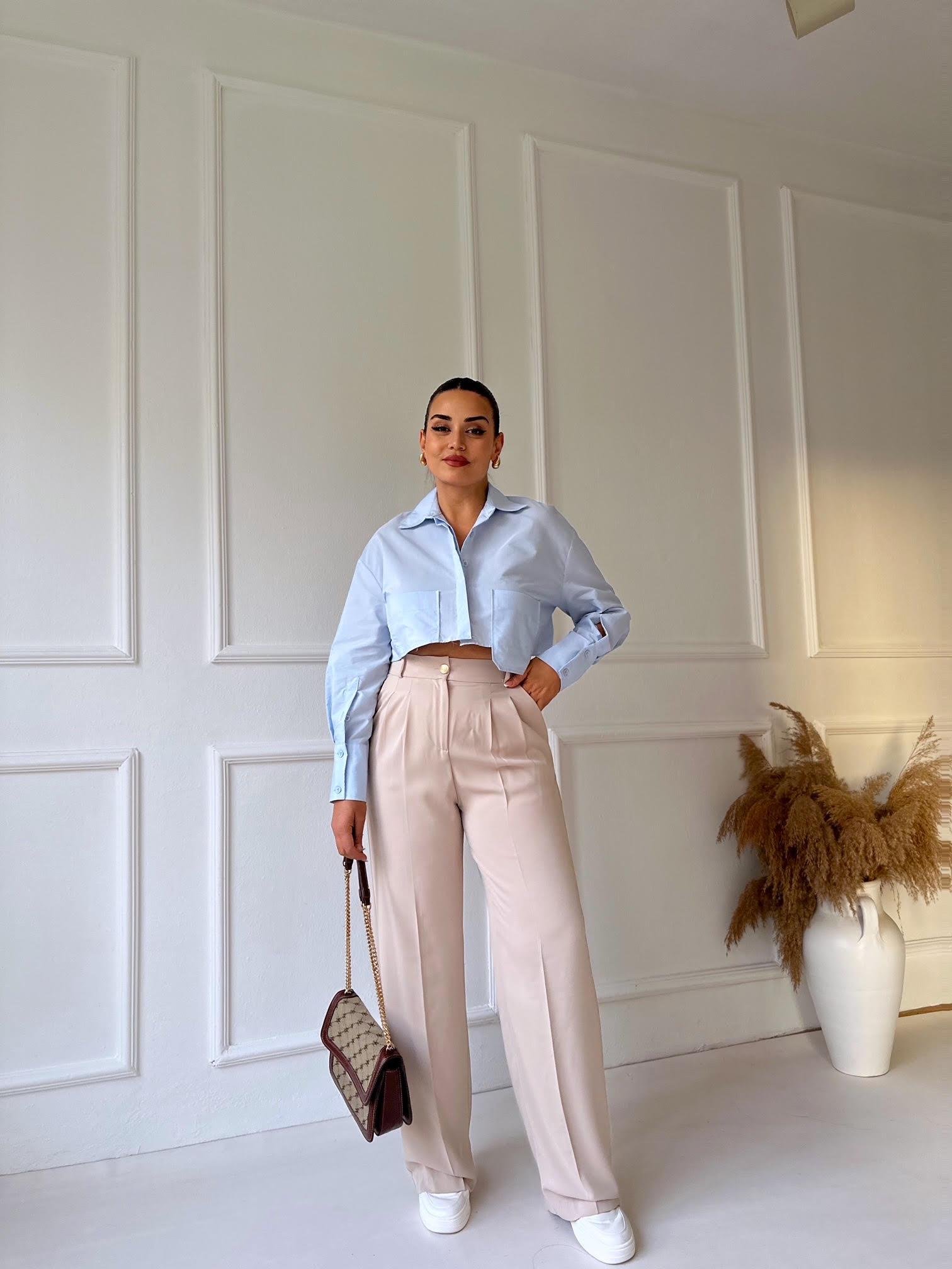 Premium Kalite Beli Lastikli Bej Palazzo Pantolon