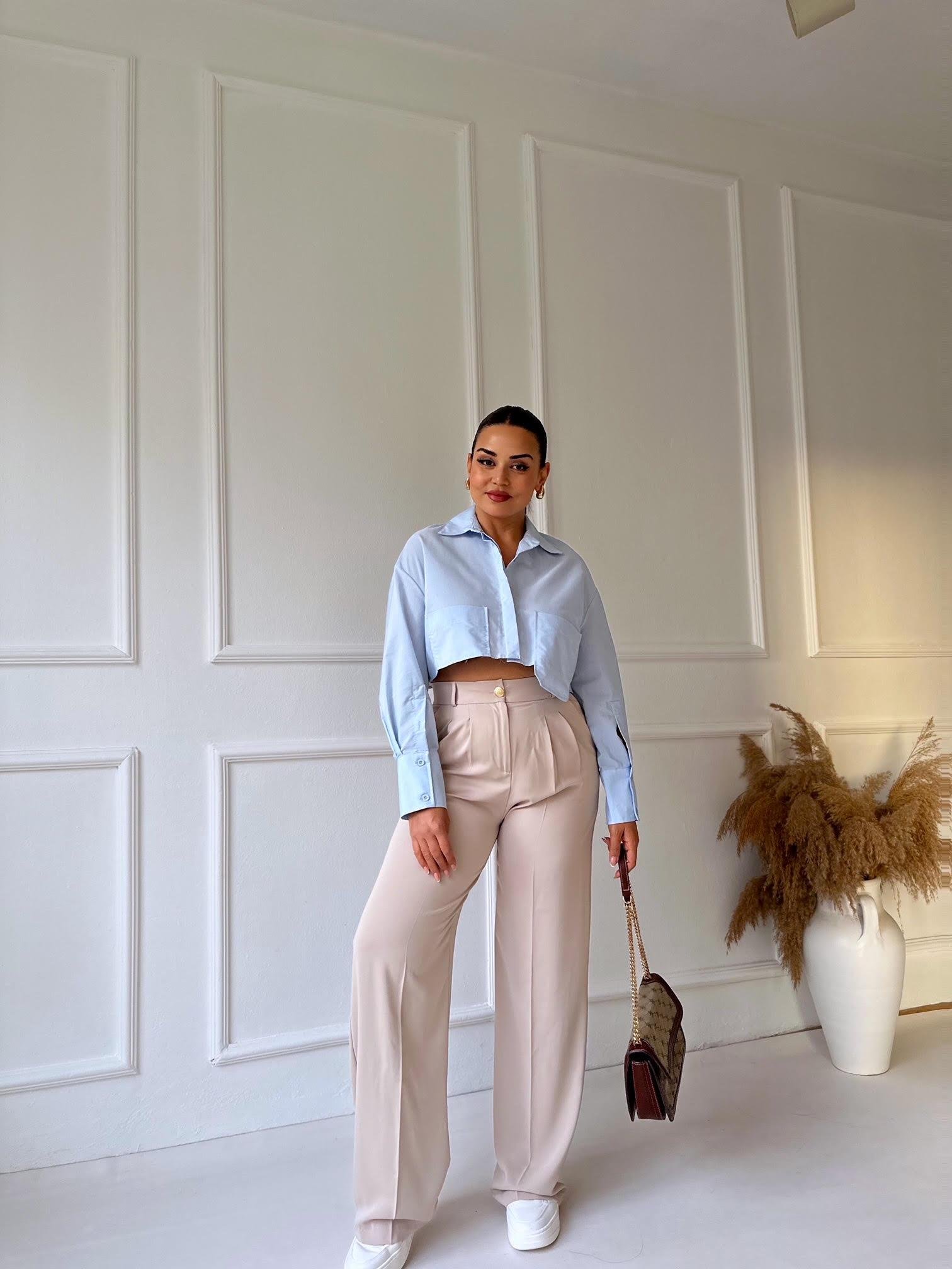 Premium Kalite Beli Lastikli Bej Palazzo Pantolon
