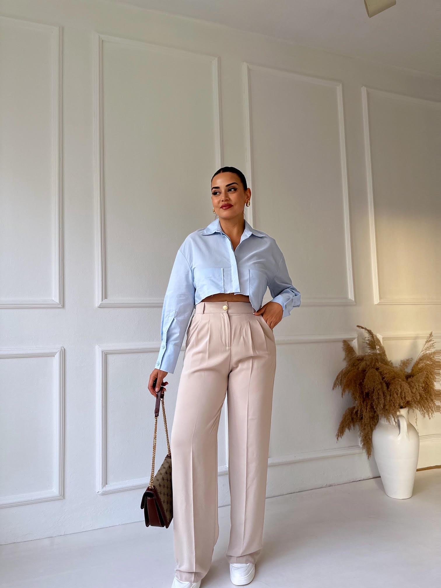 Premium Kalite Beli Lastikli Bej Palazzo Pantolon