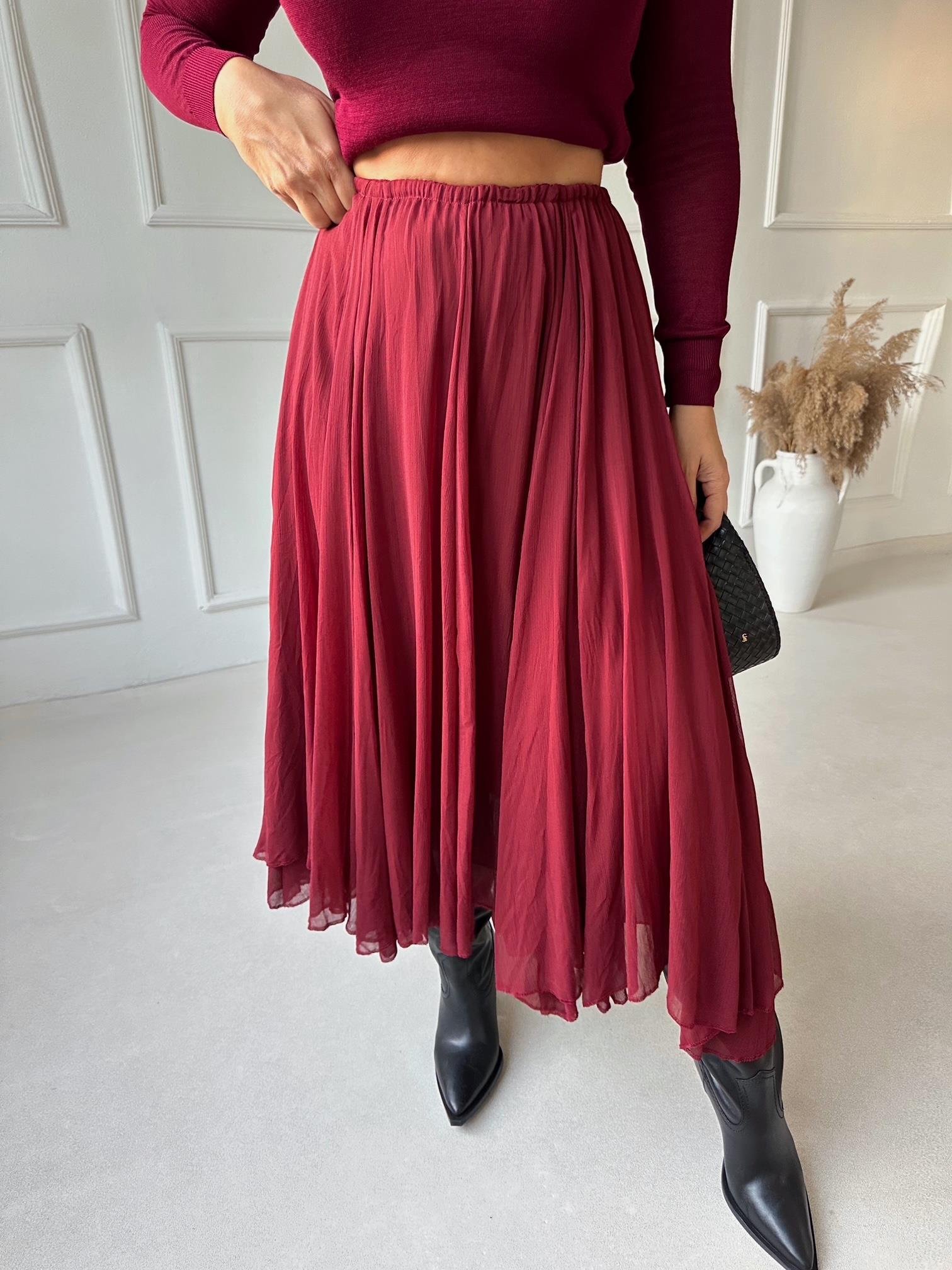 Premium Kalite Beli Lastikli Bordo Şifon Midi Kloş Etek | Nora Butik