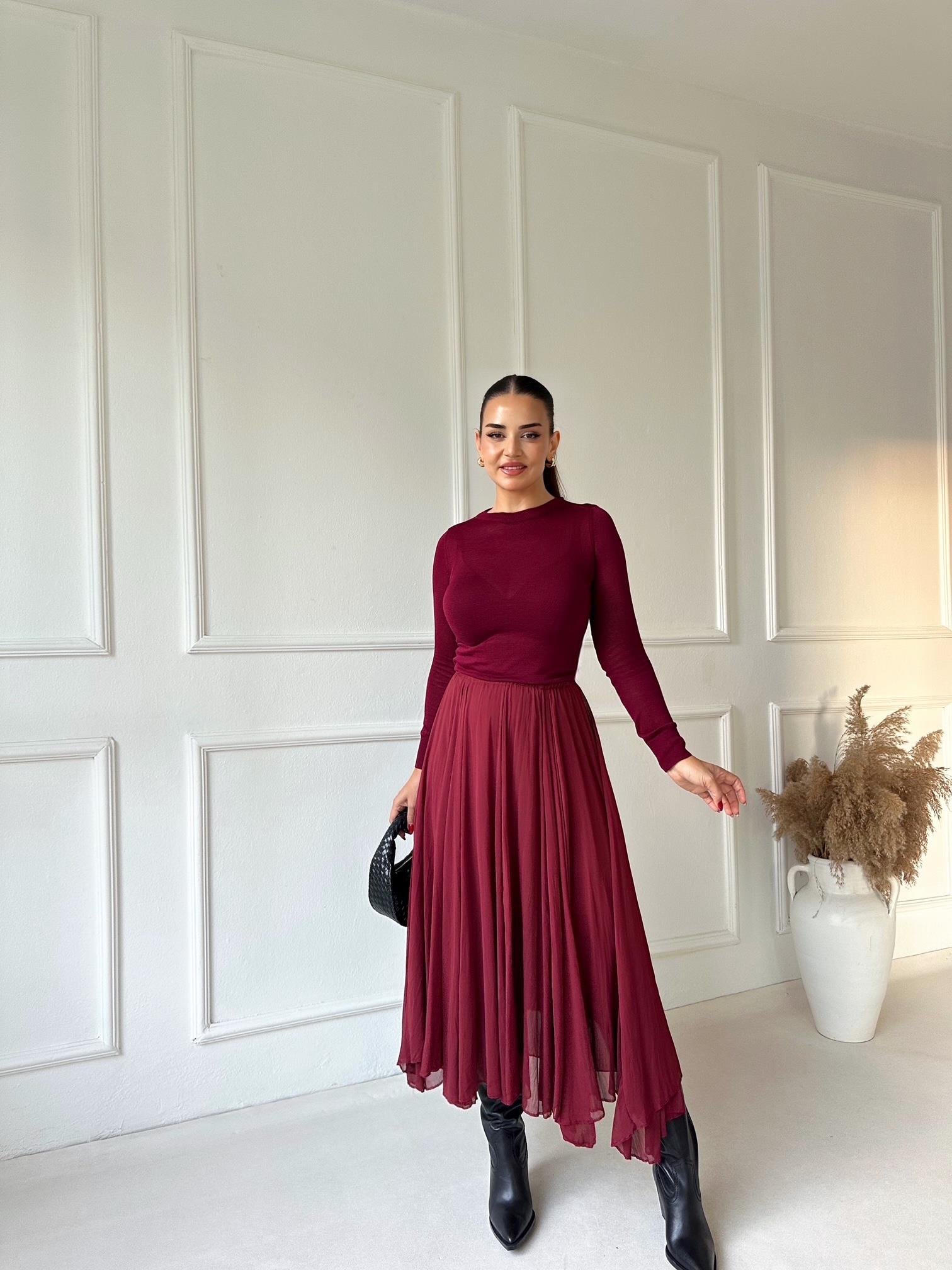 Premium Kalite Beli Lastikli Bordo Şifon Midi Kloş Etek | Nora Butik