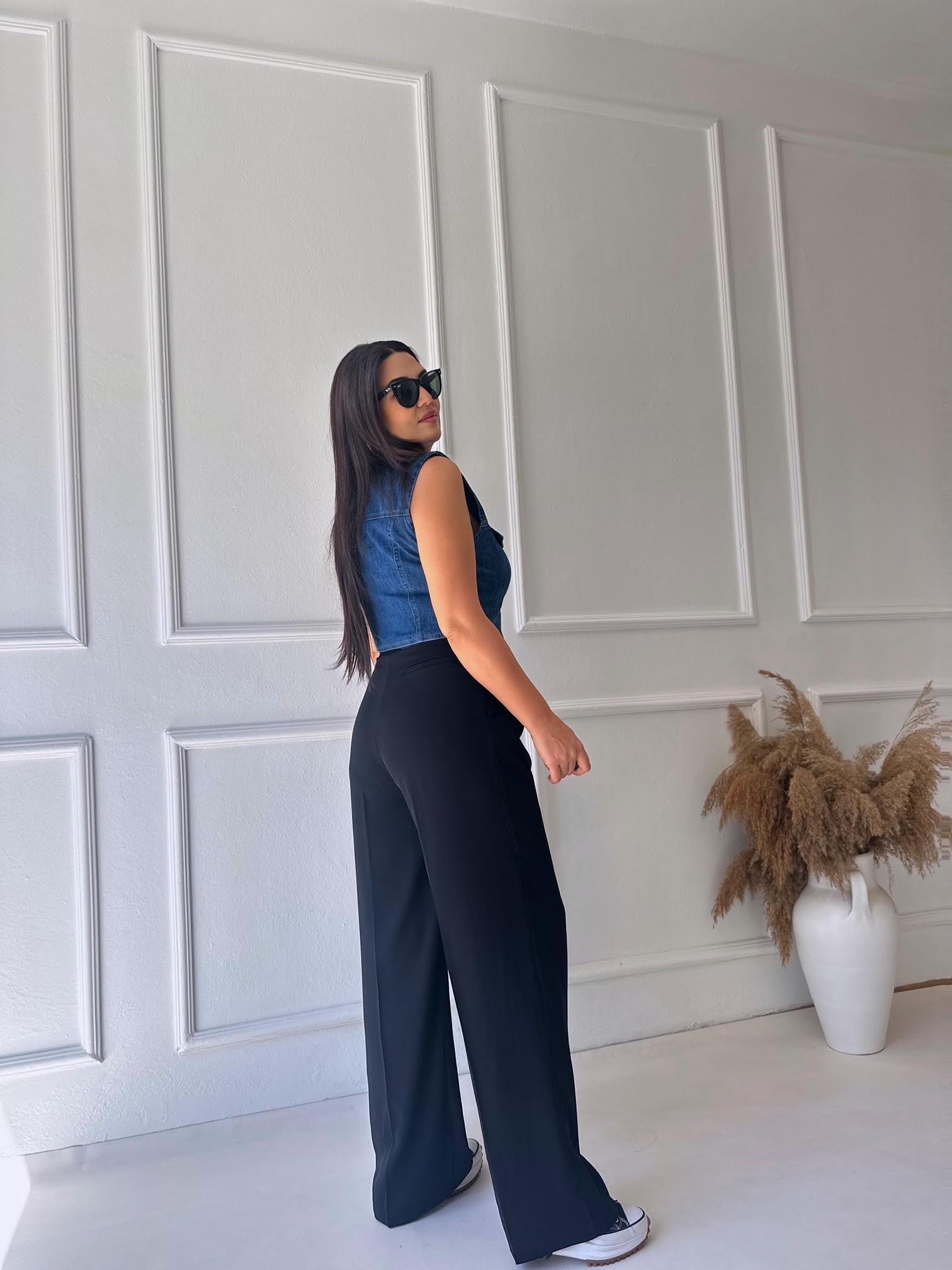 Premium Kalite Beli Lastikli Çift Düğmeli Siyah Palazzo Pantolon