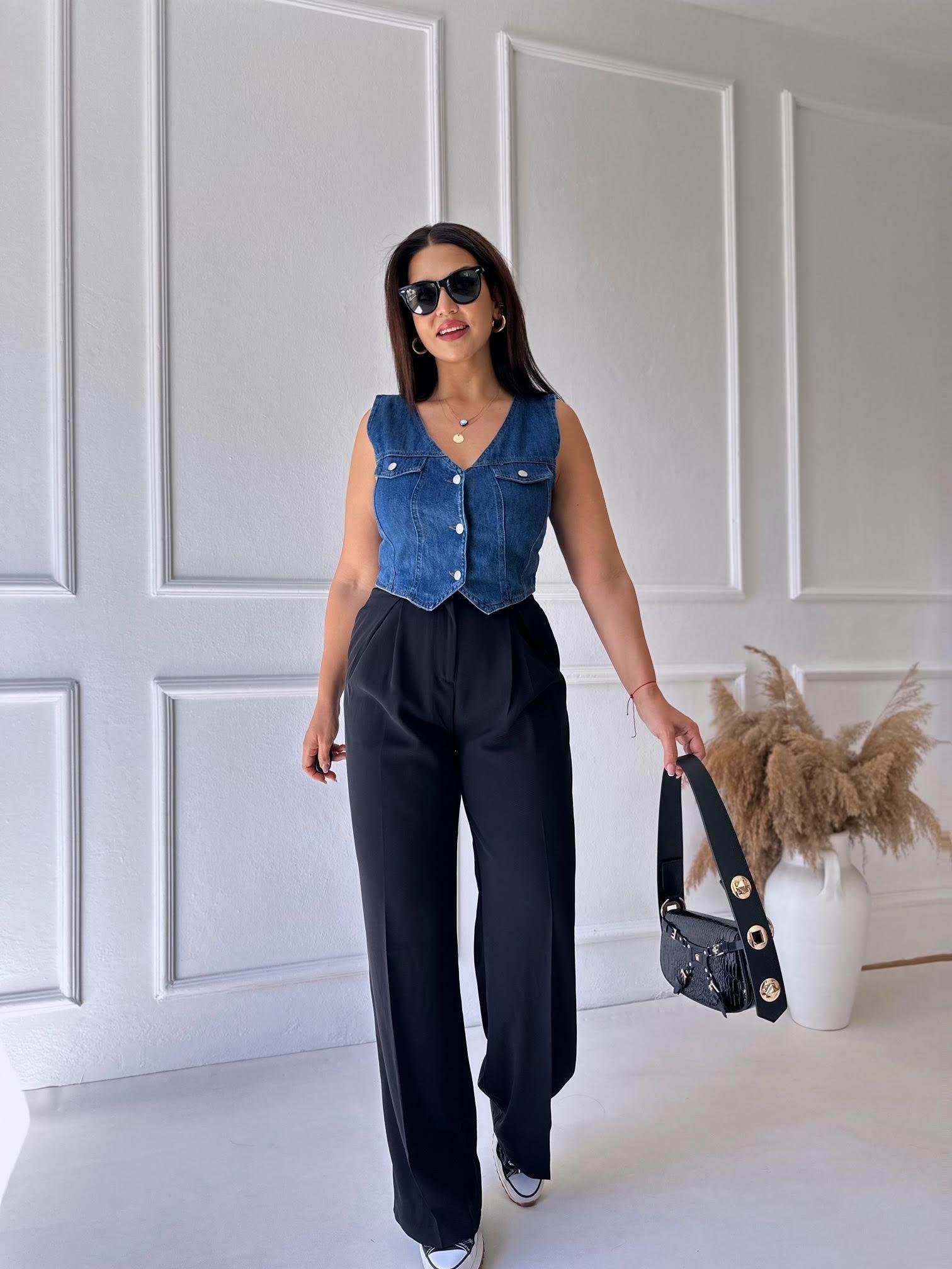 Premium Kalite Beli Lastikli Çift Düğmeli Siyah Palazzo Pantolon