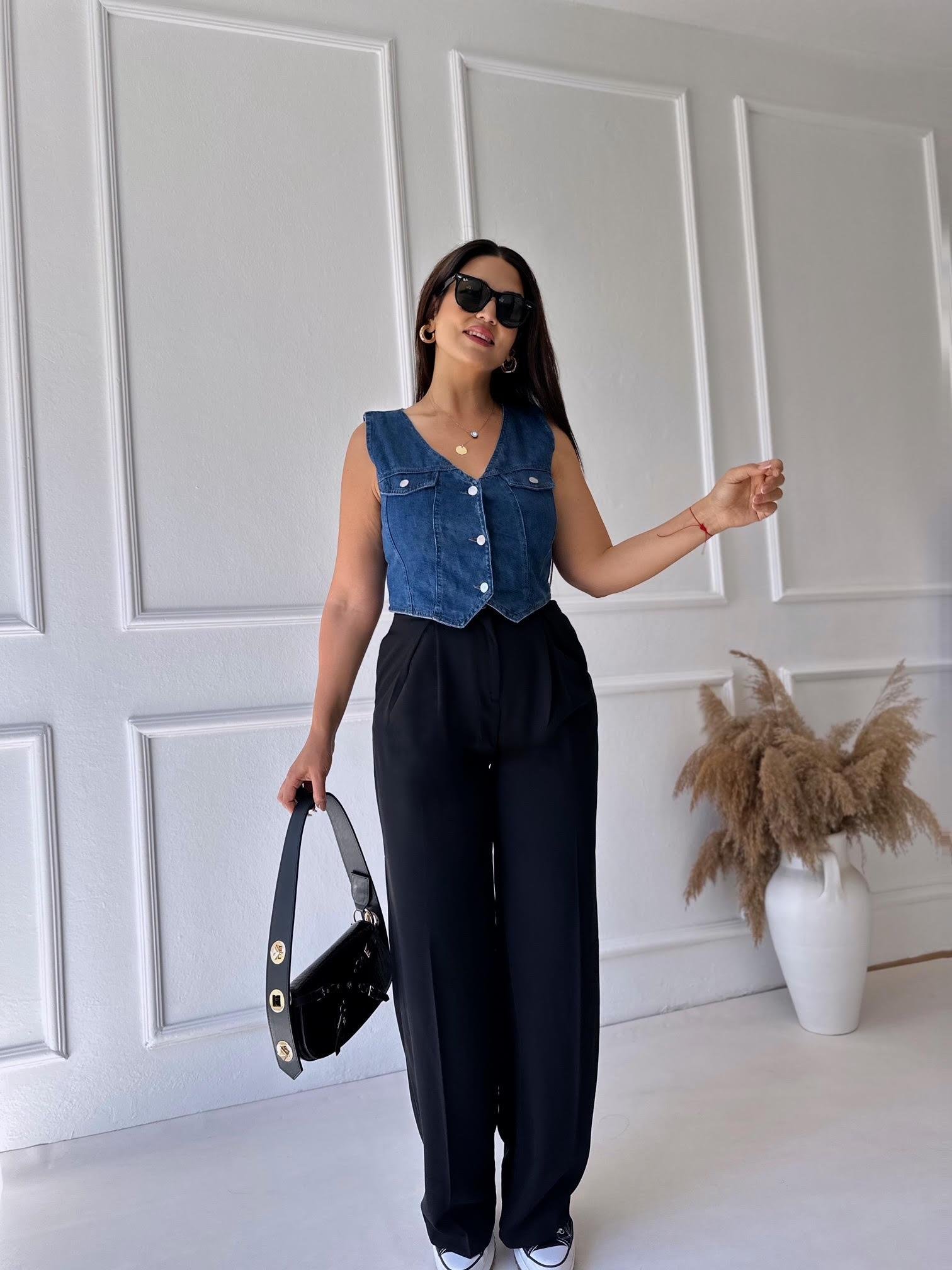 Premium Kalite Beli Lastikli Çift Düğmeli Siyah Palazzo Pantolon