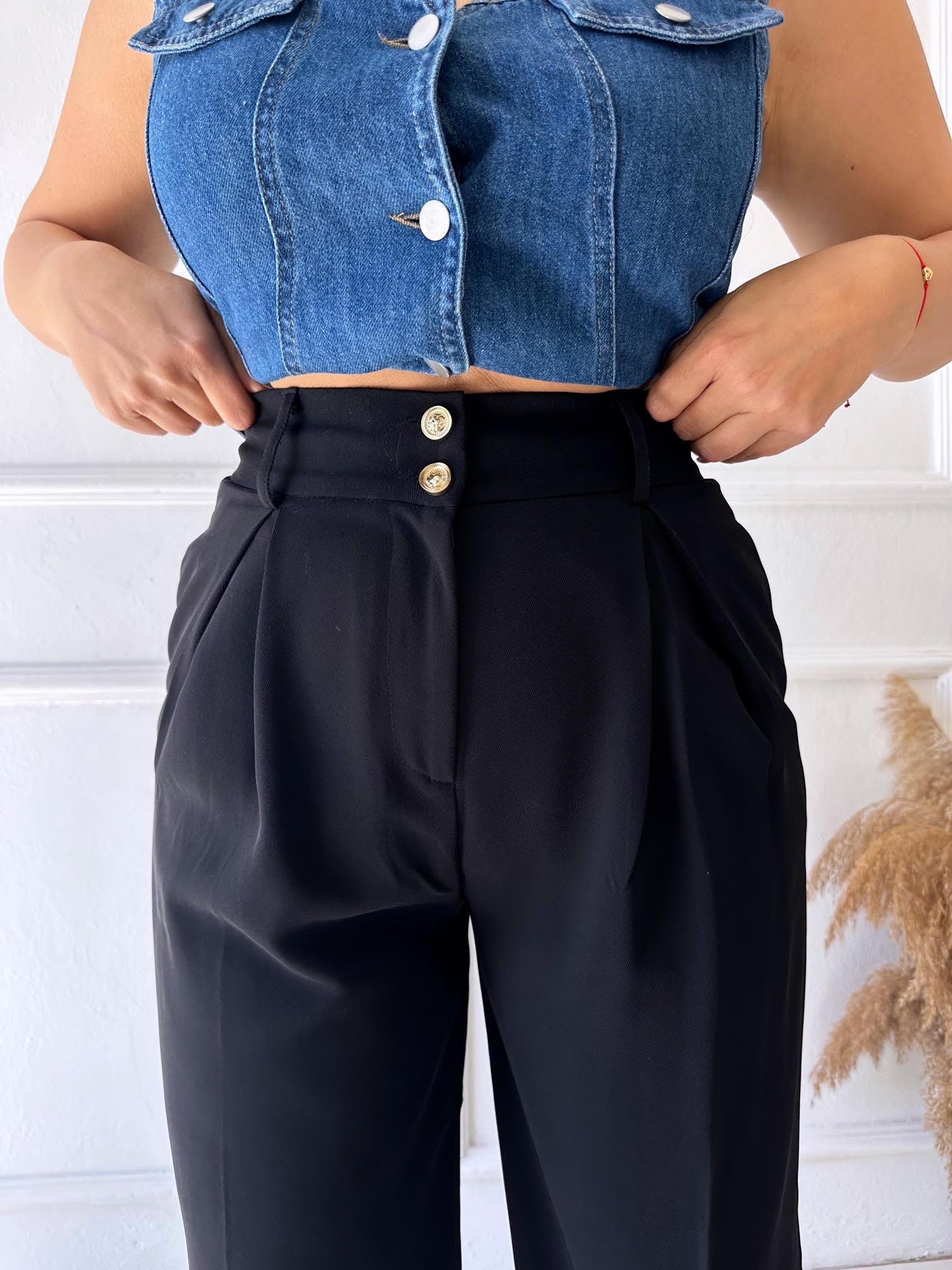 Premium Kalite Beli Lastikli Çift Düğmeli Siyah Palazzo Pantolon