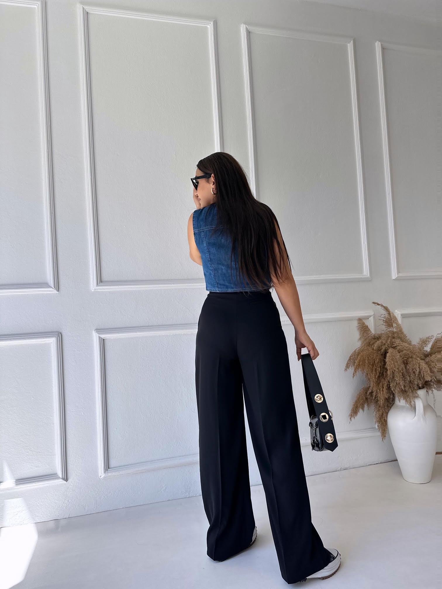 Premium Kalite Beli Lastikli Çift Düğmeli Siyah Palazzo Pantolon