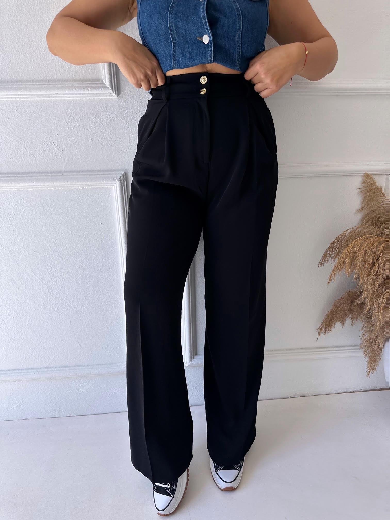 Premium Kalite Beli Lastikli Çift Düğmeli Siyah Palazzo Pantolon