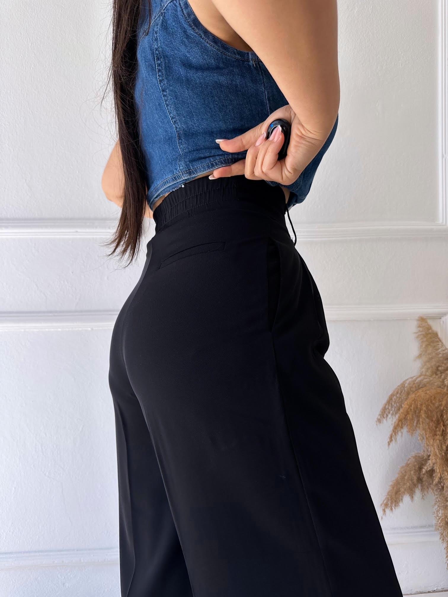 Premium Kalite Beli Lastikli Çift Düğmeli Siyah Palazzo Pantolon