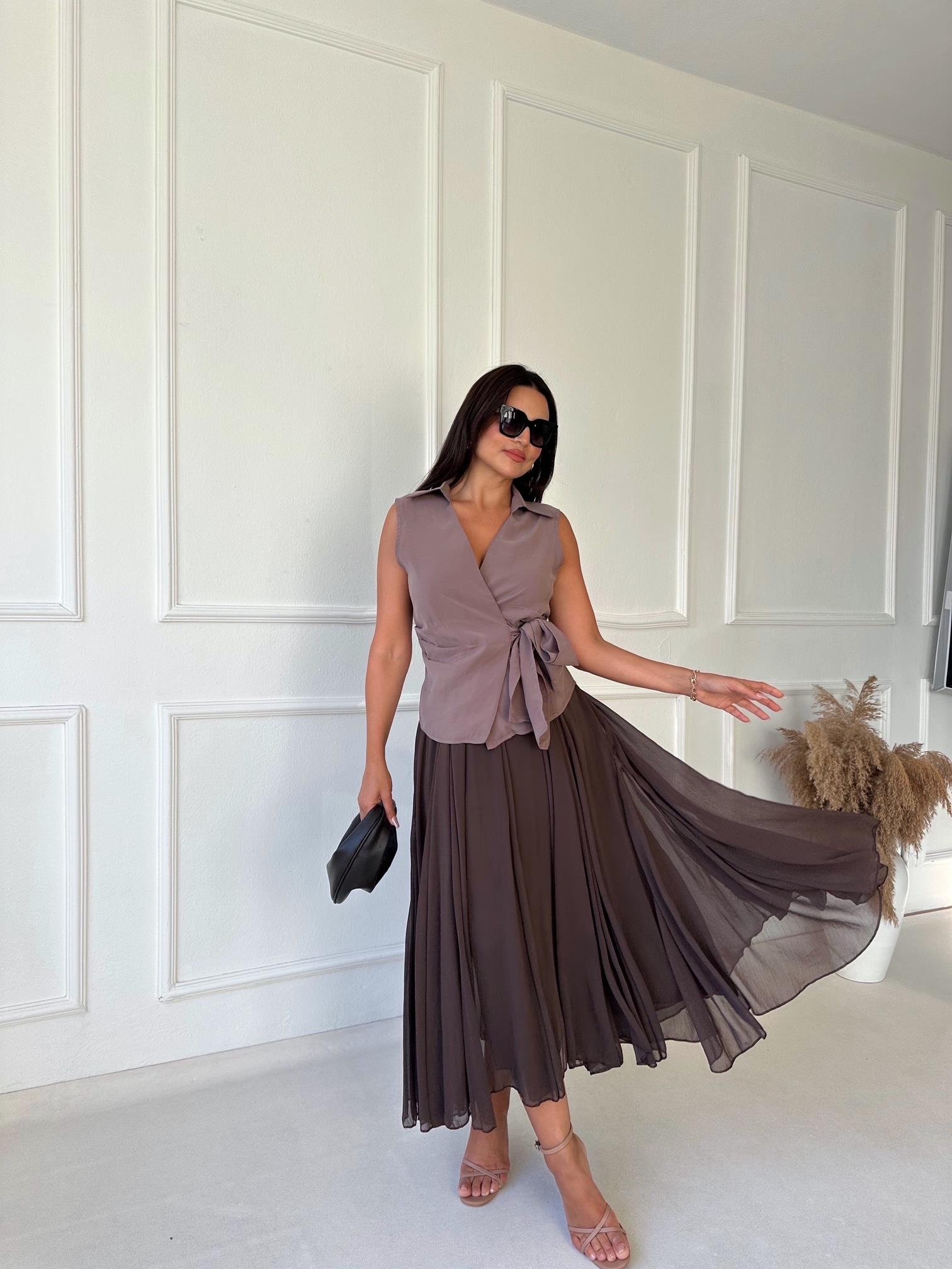 Premium Kalite Beli Lastikli Kahve Şifon Midi Kloş Etek | Nora Butik