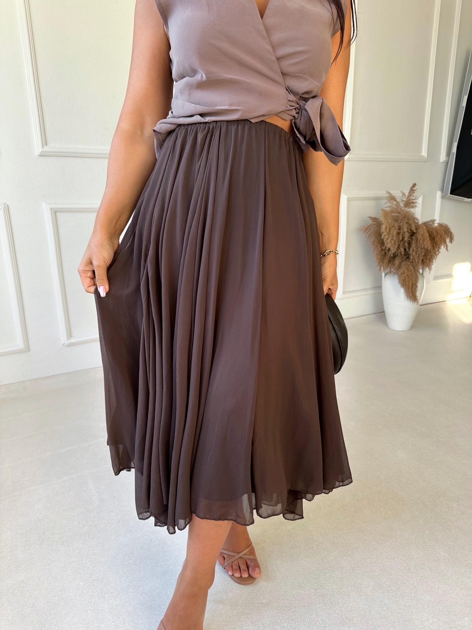 Premium Kalite Beli Lastikli Kahve Şifon Midi Kloş Etek | Nora Butik