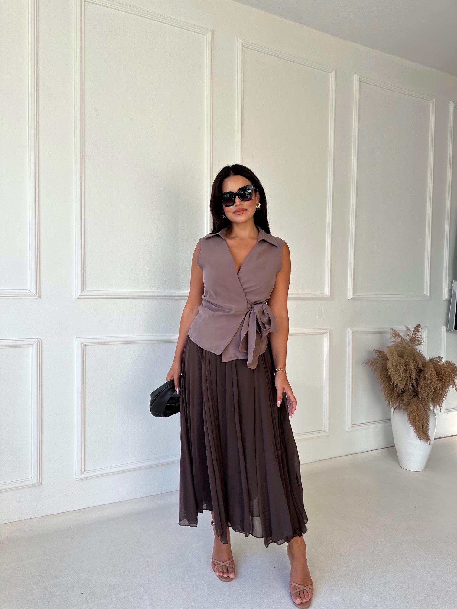 Premium Kalite Beli Lastikli Kahve Şifon Midi Kloş Etek | Nora Butik