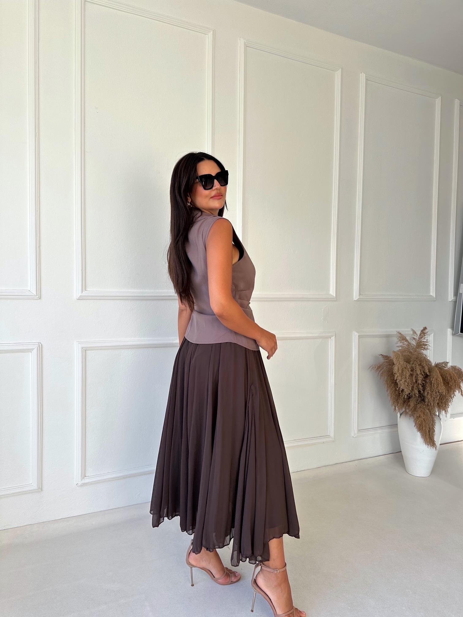 Premium Kalite Beli Lastikli Kahve Şifon Midi Kloş Etek | Nora Butik