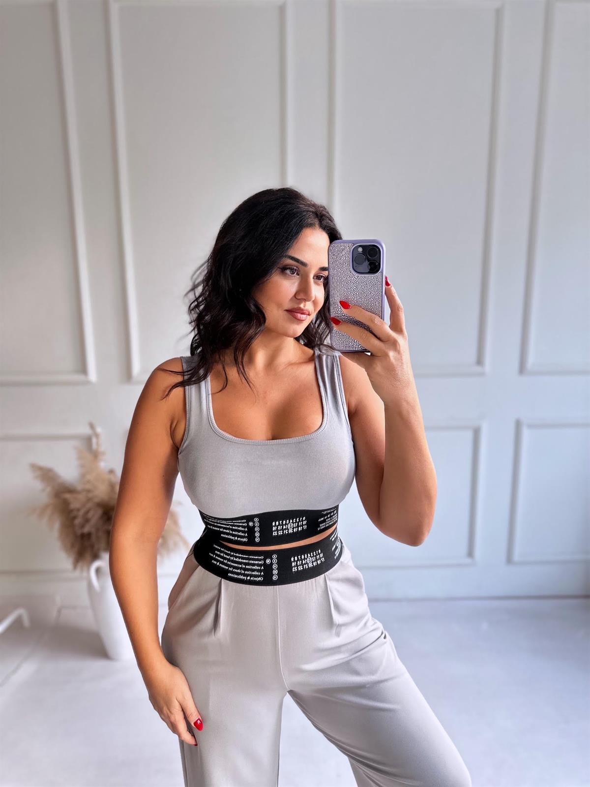 Premium Kalite Beli Lastikli Object Crop Bluz Gri