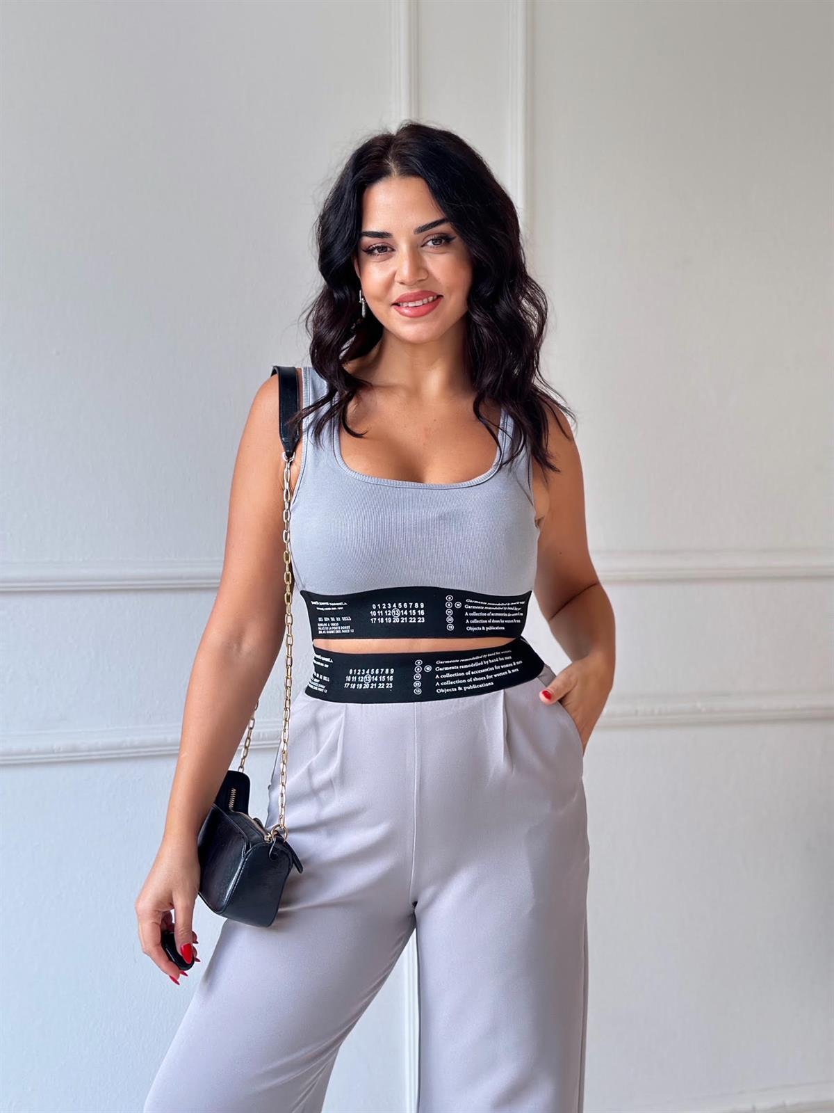 Premium Kalite Beli Lastikli Object Crop Bluz Gri