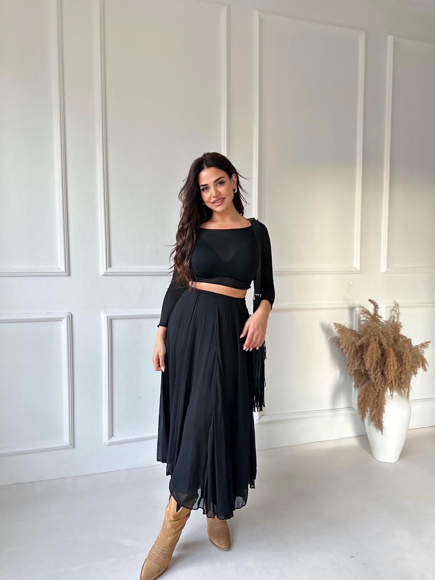 Premium Kalite Beli Lastikli Siyah Şifon Midi Kloş Etek