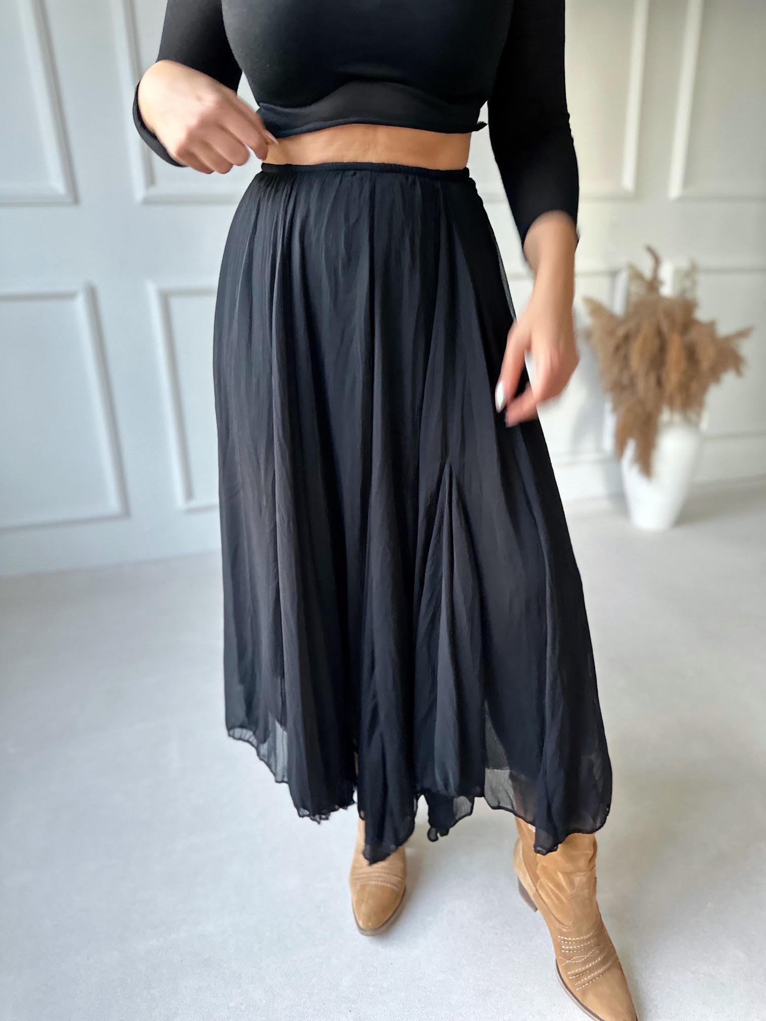 Premium Kalite Beli Lastikli Siyah Şifon Midi Kloş Etek