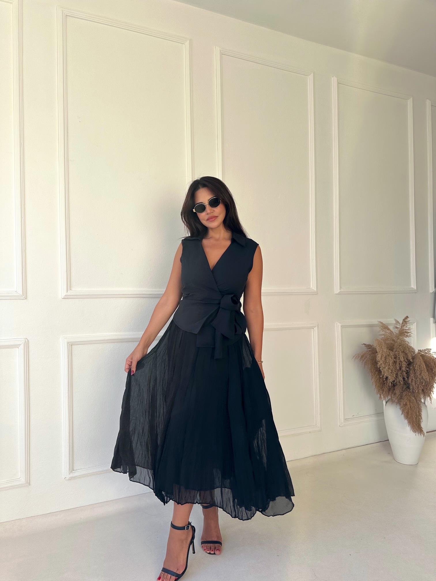 Premium Kalite Beli Lastikli Siyah Şifon Midi Kloş Etek | Nora Butik