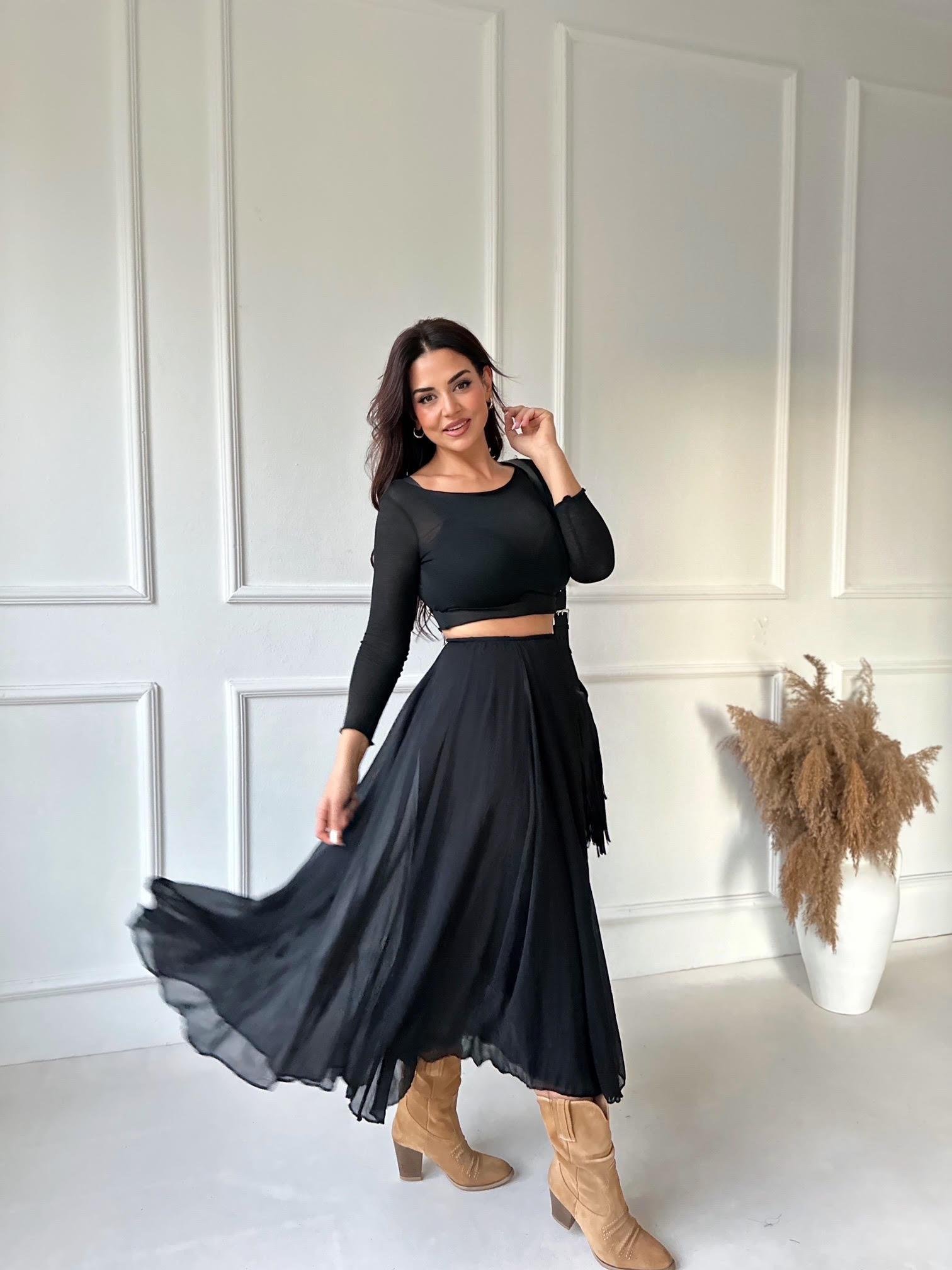 Premium Kalite Beli Lastikli Siyah Şifon Midi Kloş Etek