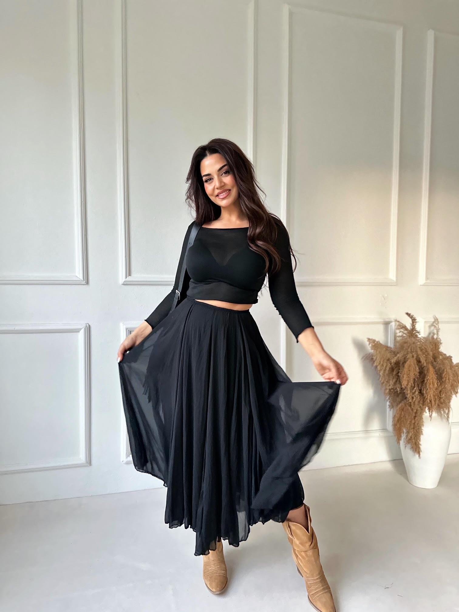 Premium Kalite Beli Lastikli Siyah Şifon Midi Kloş Etek