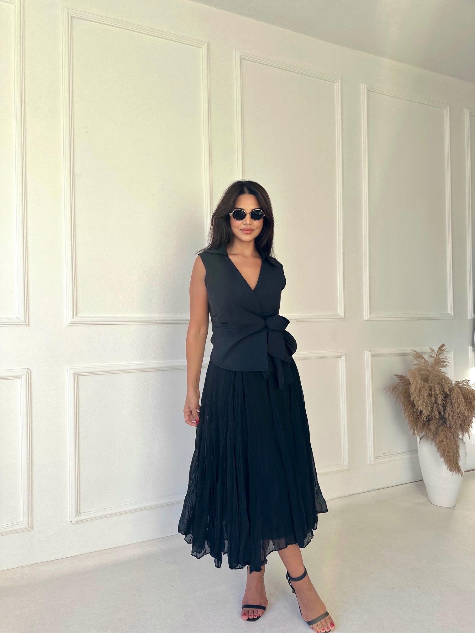 Premium Kalite Beli Lastikli Siyah Şifon Midi Kloş Etek | Nora Butik