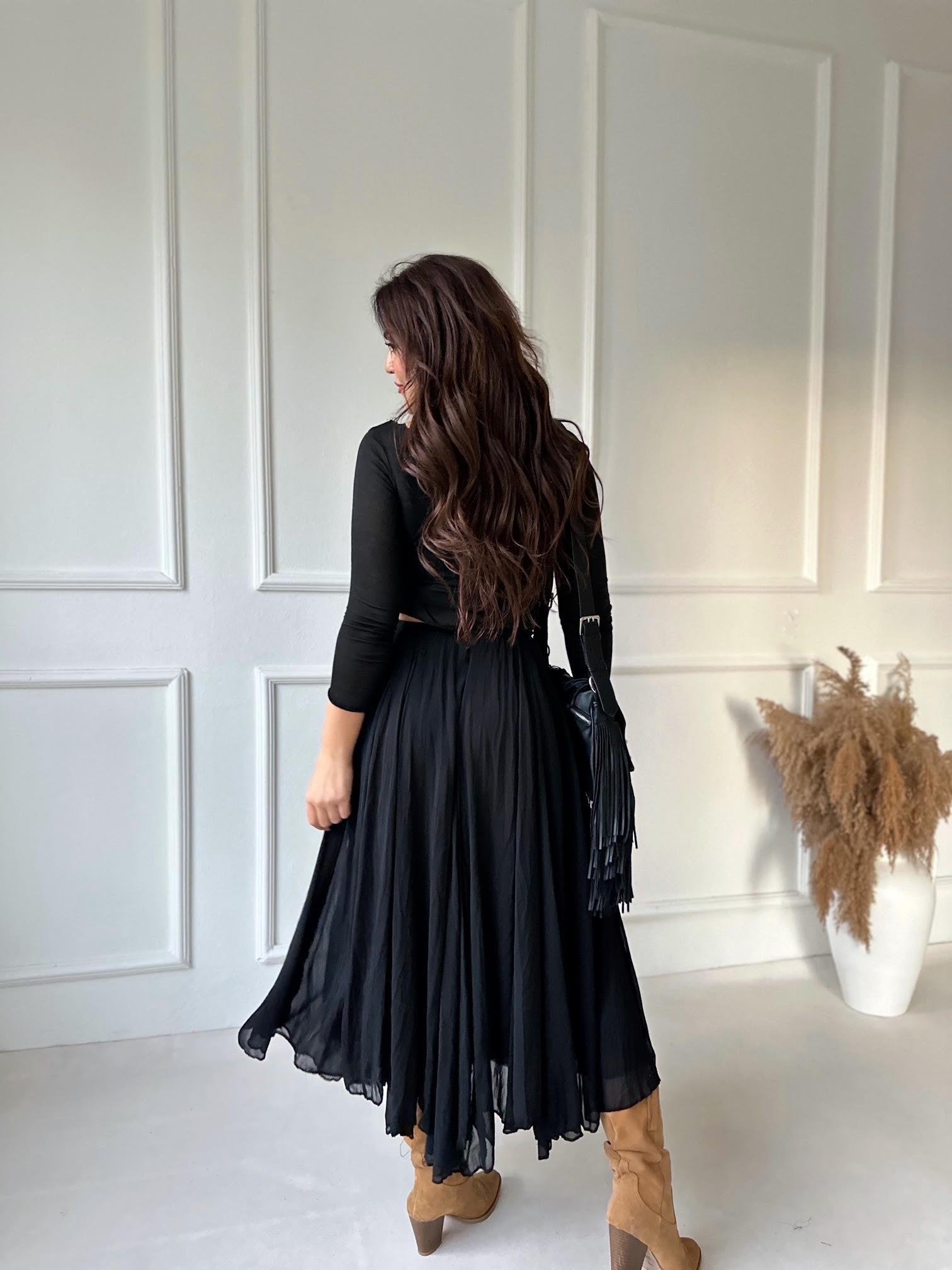 Premium Kalite Beli Lastikli Siyah Şifon Midi Kloş Etek