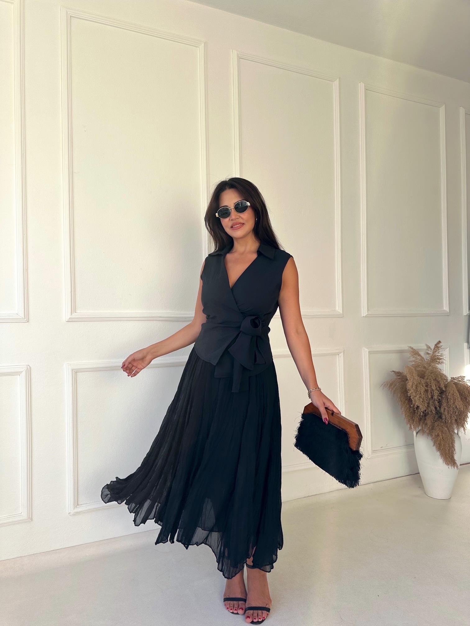 Premium Kalite Beli Lastikli Siyah Şifon Midi Kloş Etek | Nora Butik