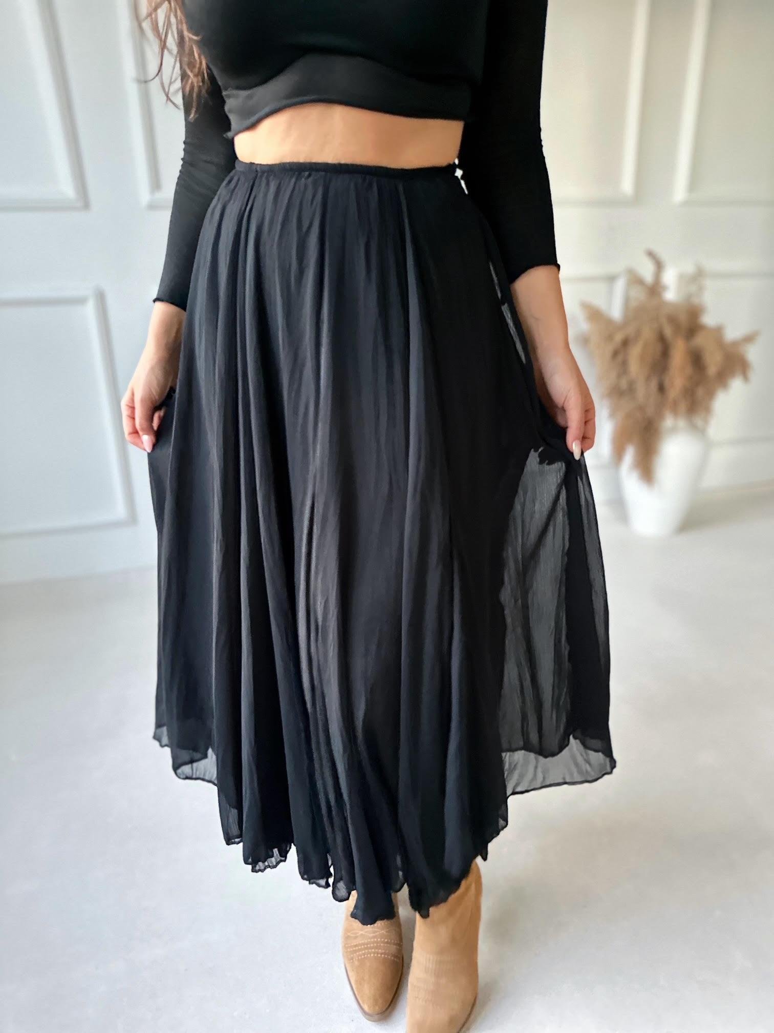 Premium Kalite Beli Lastikli Siyah Şifon Midi Kloş Etek