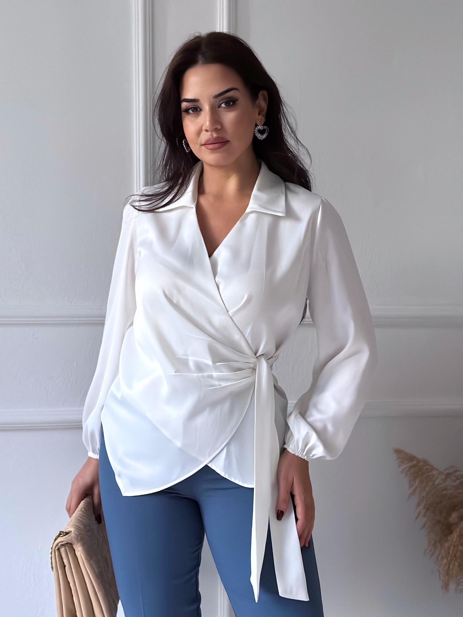 Premium Kalite Beyaz Saten Bağlamalı Kruvaze Bluz