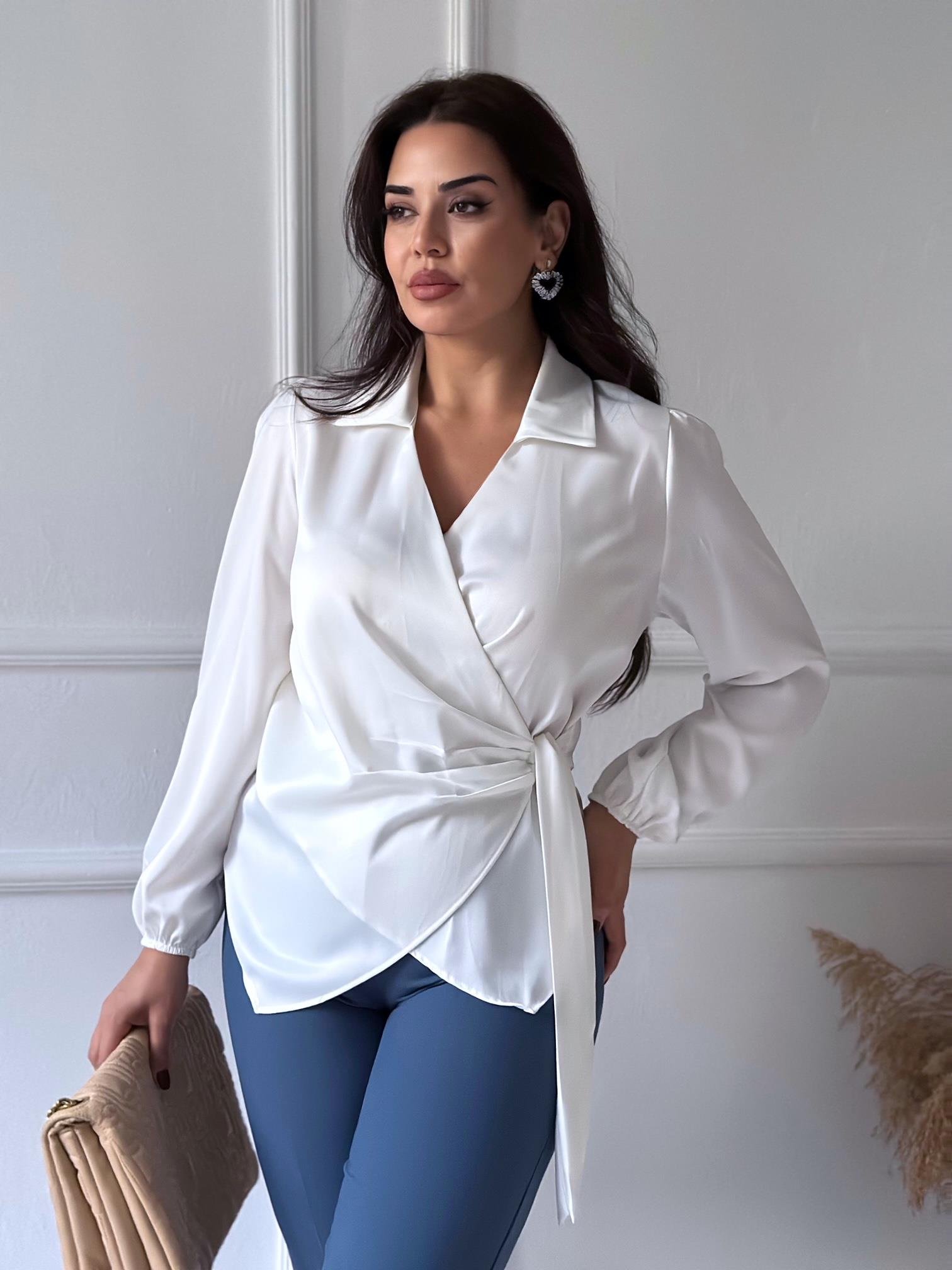 Premium Kalite Beyaz Saten Bağlamalı Kruvaze Bluz