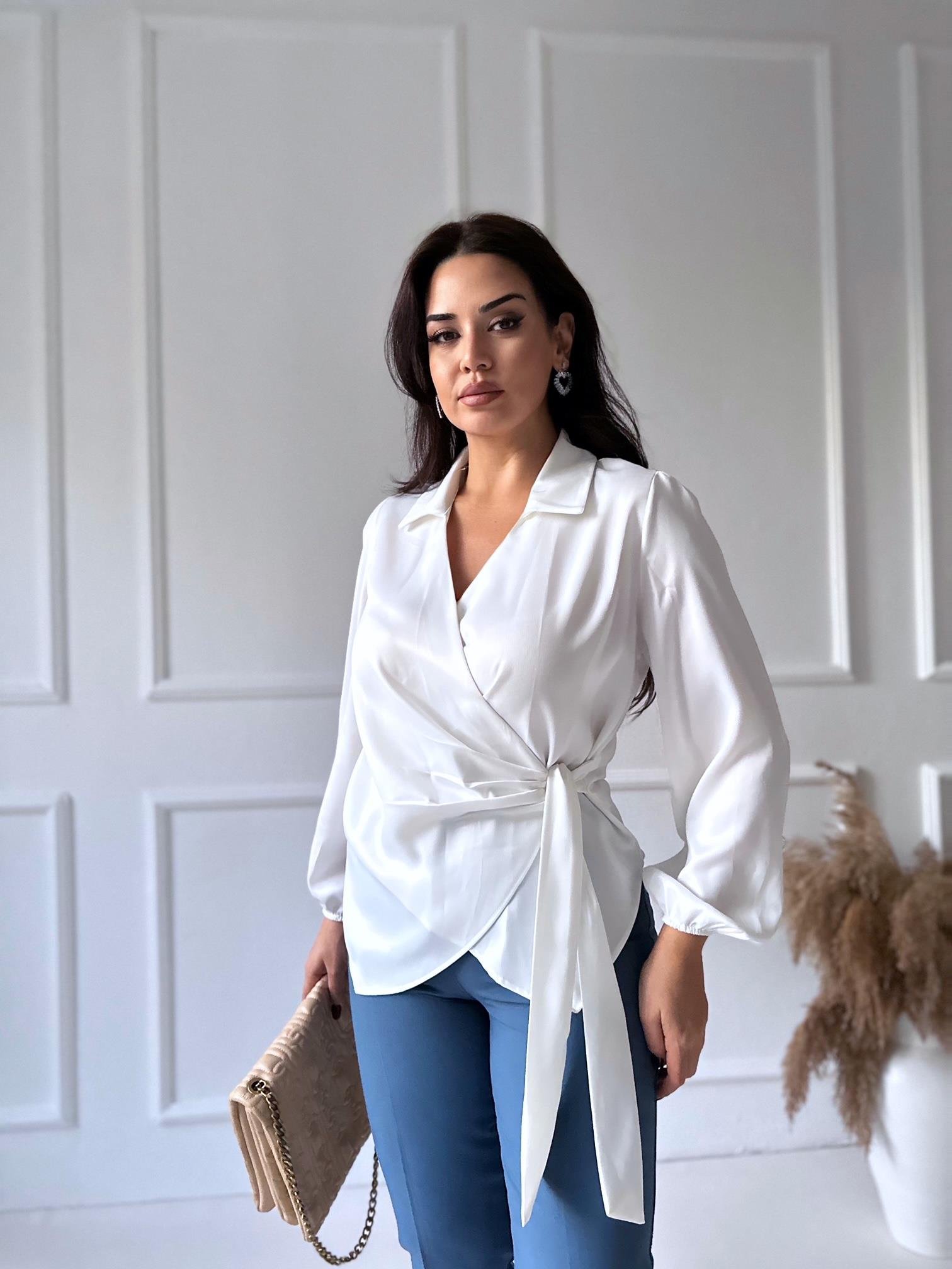 Premium Kalite Beyaz Saten Bağlamalı Kruvaze Bluz