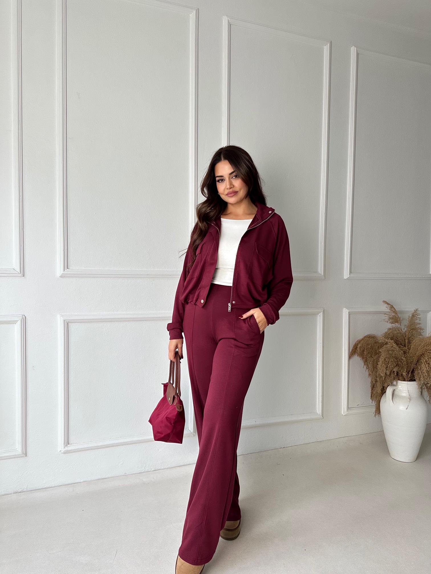 Premium Kalite Bomber Ceket & Bol Paça Pantolon Bordo Takım