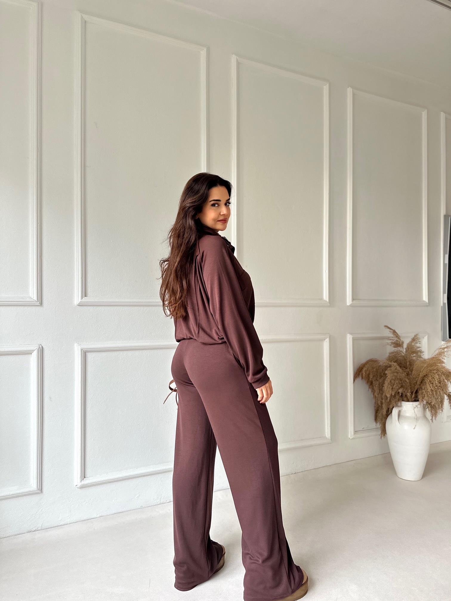 Premium Kalite Bomber Ceket & Bol Paça Pantolon Kahve Takım