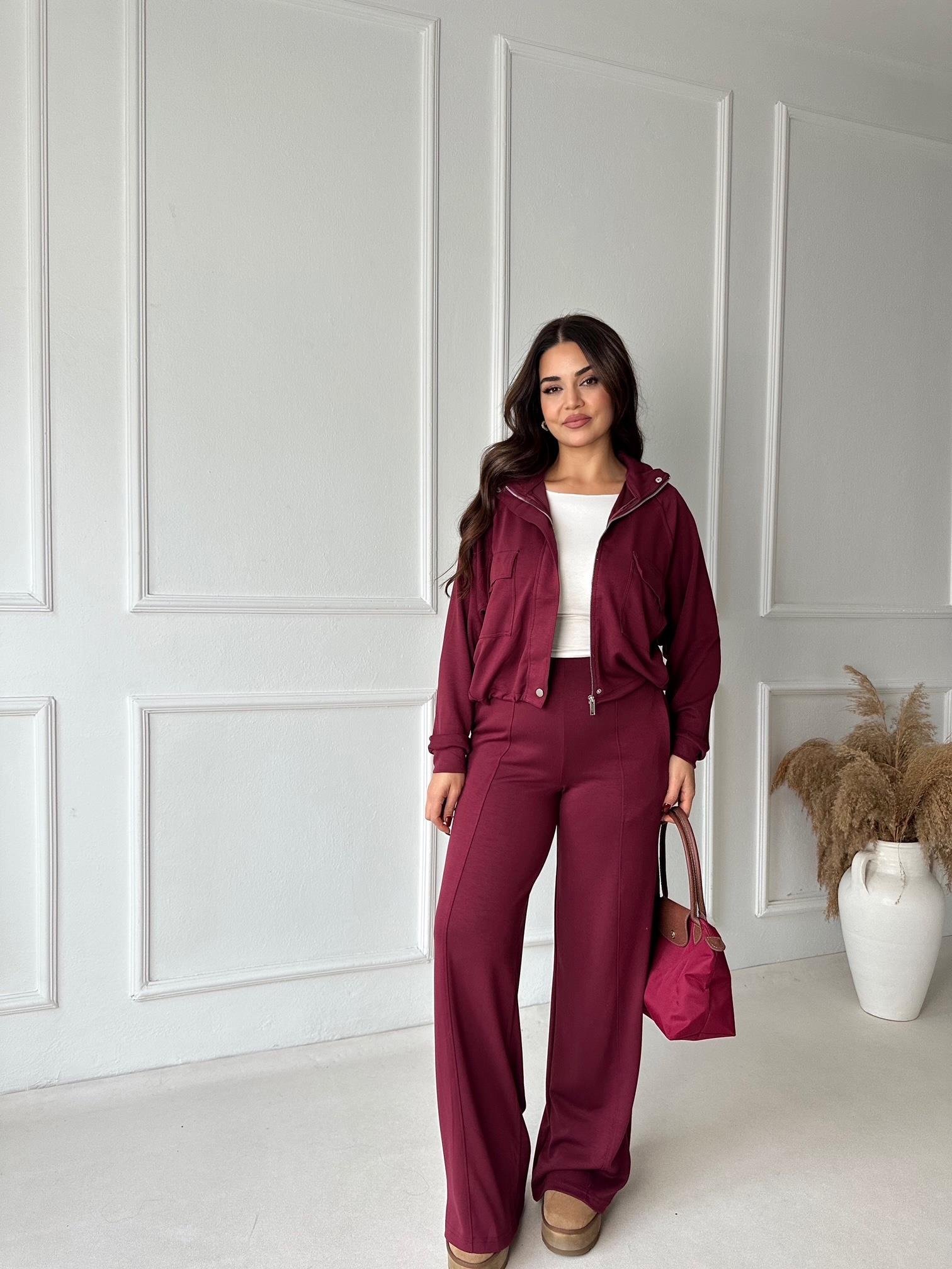 Premium Kalite Bomber Ceket & Bol Paça Pantolon Bordo Takım